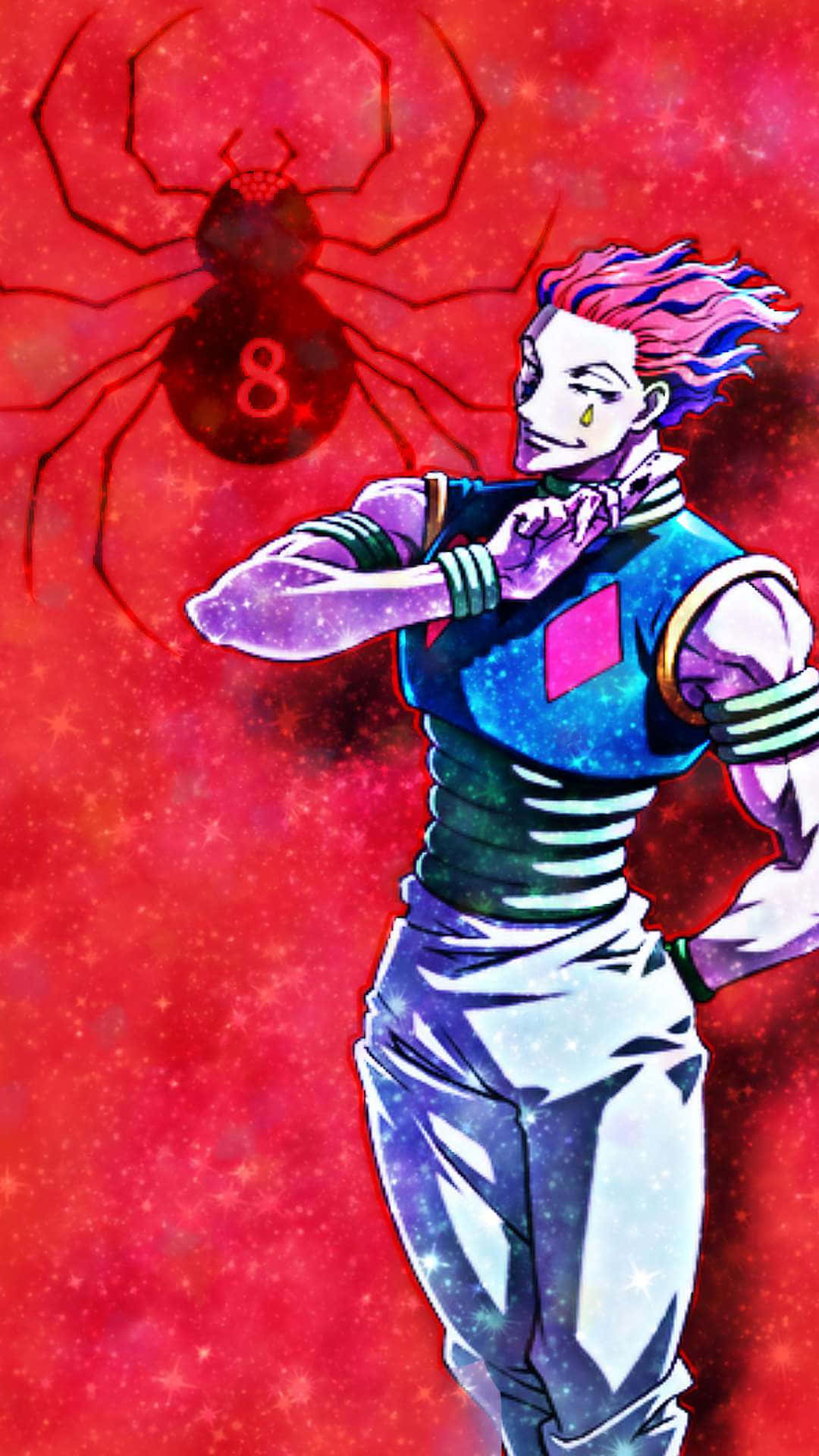 Hisoka Morow 桌布 壁紙 — 一個風格化的動漫角色，擁有粉紅色頭髮和星藍色服裝，自信地站在充滿活力的紅色宇宙背景前，背景中有一個巨大的蜘蛛剪影。