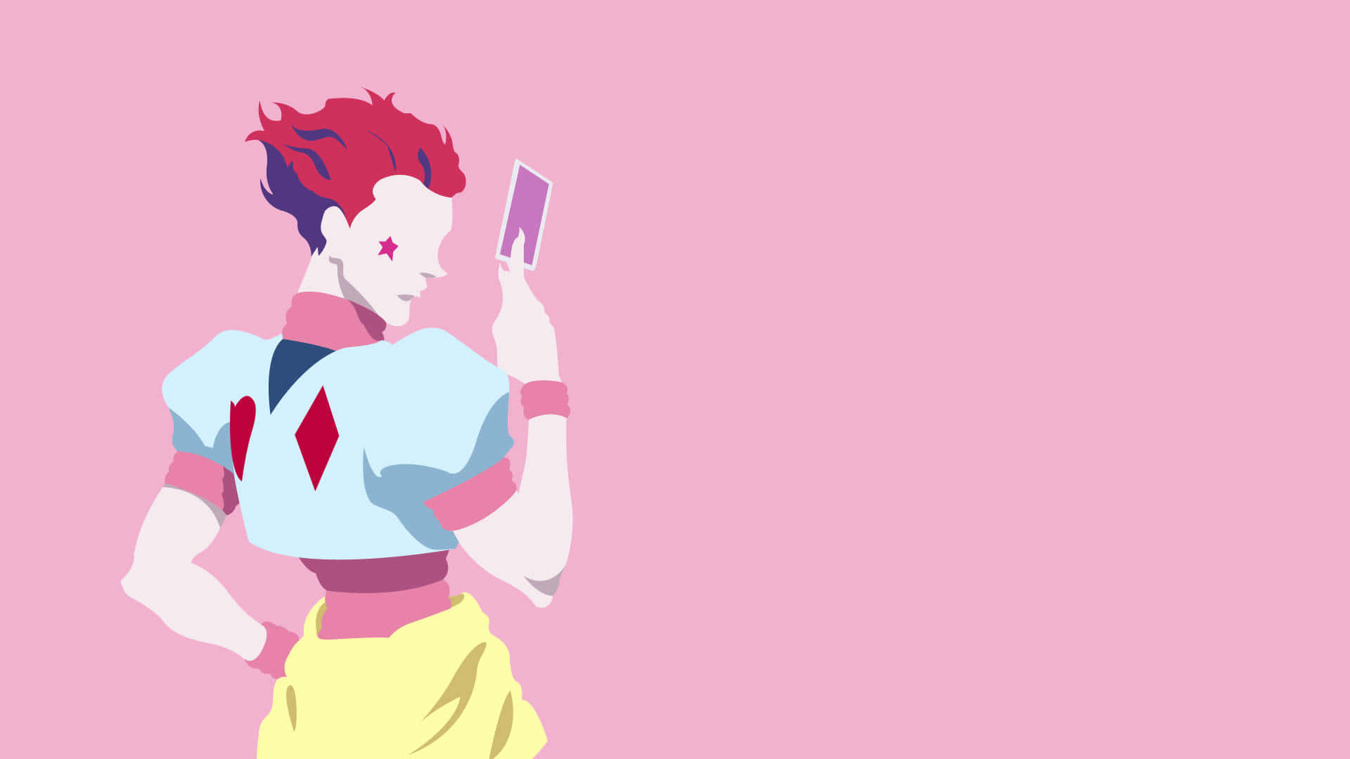 Hisoka Morow 桌布 壁紙 — 一個風格化的動漫角色，擁有紅色和藍色頭髮，在純粉色背景前拿著一張卡片。