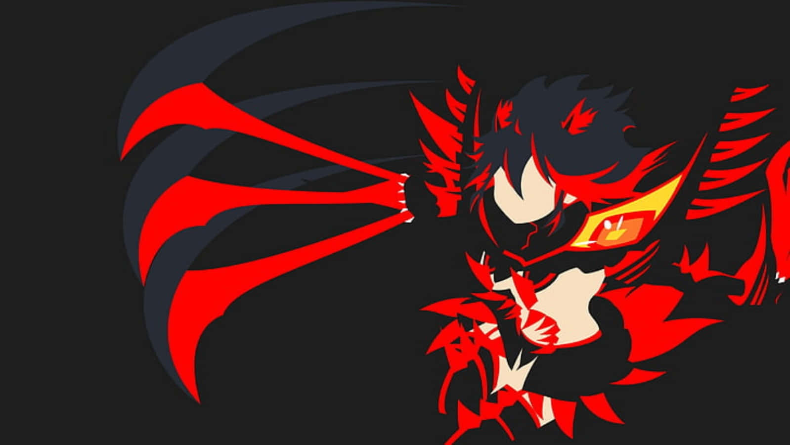 Kill La Kill Senketsu 桌布 壁紙 — 一個風格化的動漫角色，擁有紅色和黑色的尖刺頭髮和發光的黃色眼睛，背景為深色。