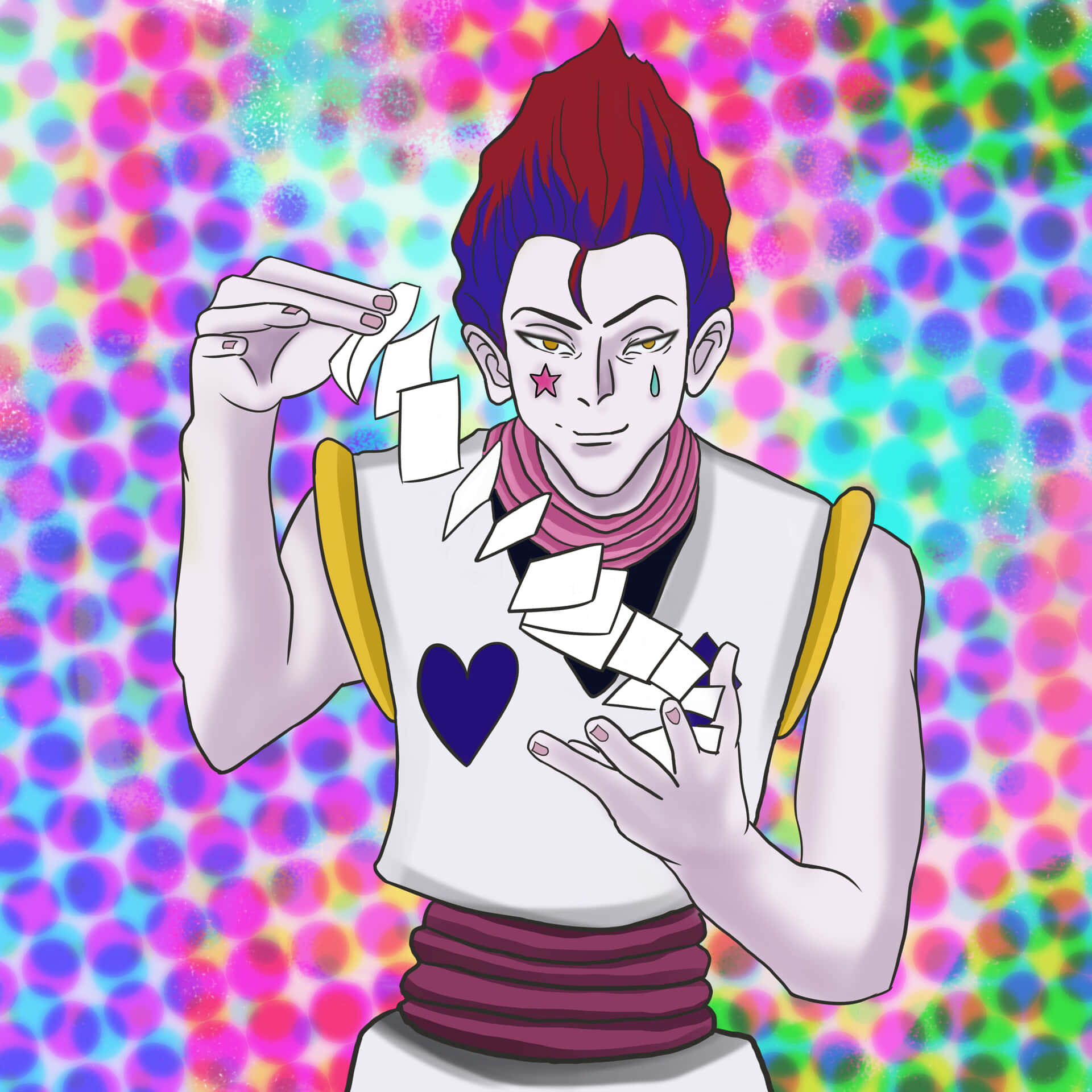 hisoka 桌布 壁紙 — 一個風格化的動漫角色，擁有紅色和藍色頭髮，在充滿活力的波點背景上撕扯紙條。