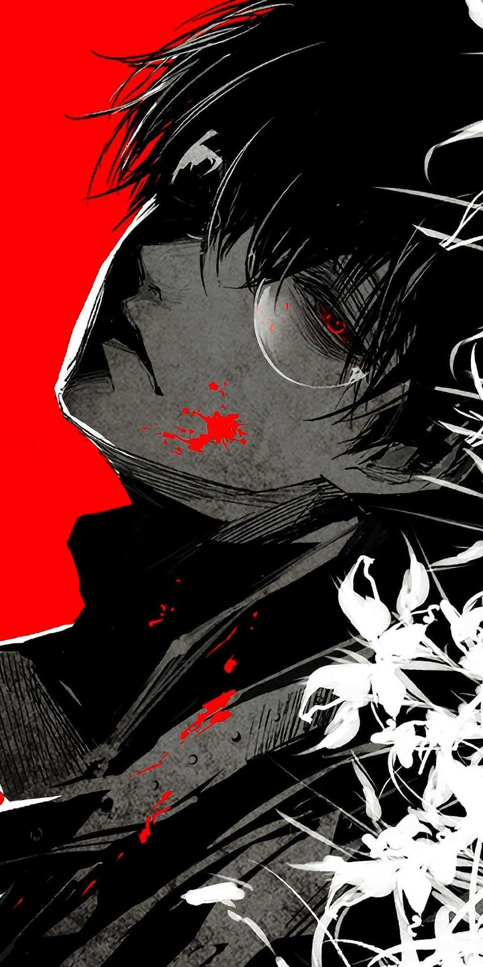 Sui Ishida 桌布 壁紙 — 一個風格化的動漫角色，擁有紅色眼睛和血跡，背景是鮮紅色並帶有白色花朵。