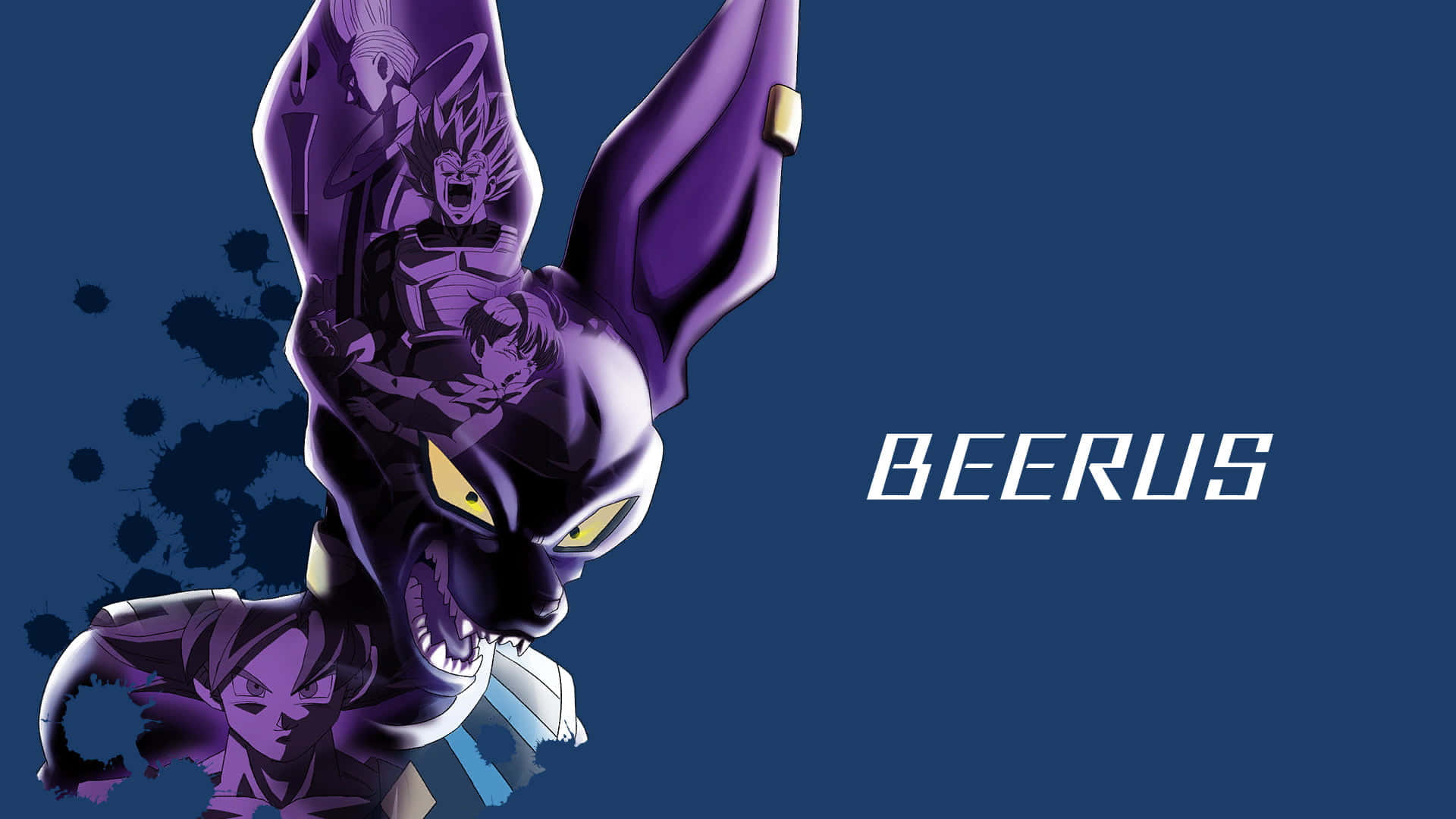 Dragon Ball Xenoverse 桌布 壁紙 — 一個風格化的動漫角色，擁有紫色毛髮和黃色眼睛，主導著深藍色背景，帶有飛濺效果和白色文字寫著 Beerus 的名字。