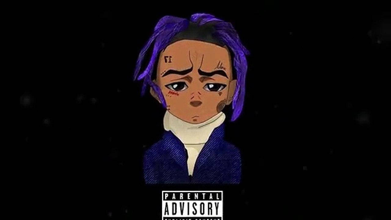 Juice WRLD 桌布 壁紙 — 一個風格化的動漫角色，擁有紫色頭髮和面部紋身，在帶有家長指引標籤的黑色背景前莊嚴地凝視。