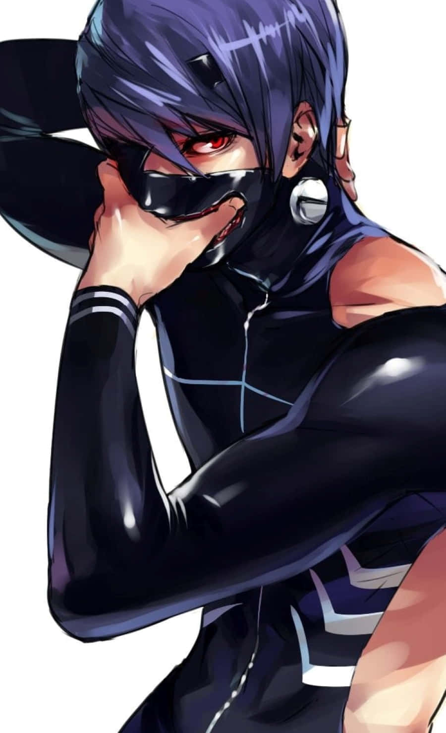 Shuu Tsukiyama 桌布 壁紙 — 一個風格化的動漫角色，擁有紫色頭髮和紅色眼睛，戴著黑色面具和緊身衣，自信地擺姿勢。