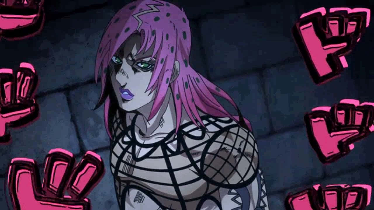 Jojo's Bizarre Adventure Diavolo 桌布 壁紙 — 一個風格化的動漫角色，擁有紫色頭髮和綠色眼睛，站在黑暗的石牆旁，周圍環繞著發光的粉紅色拳頭。