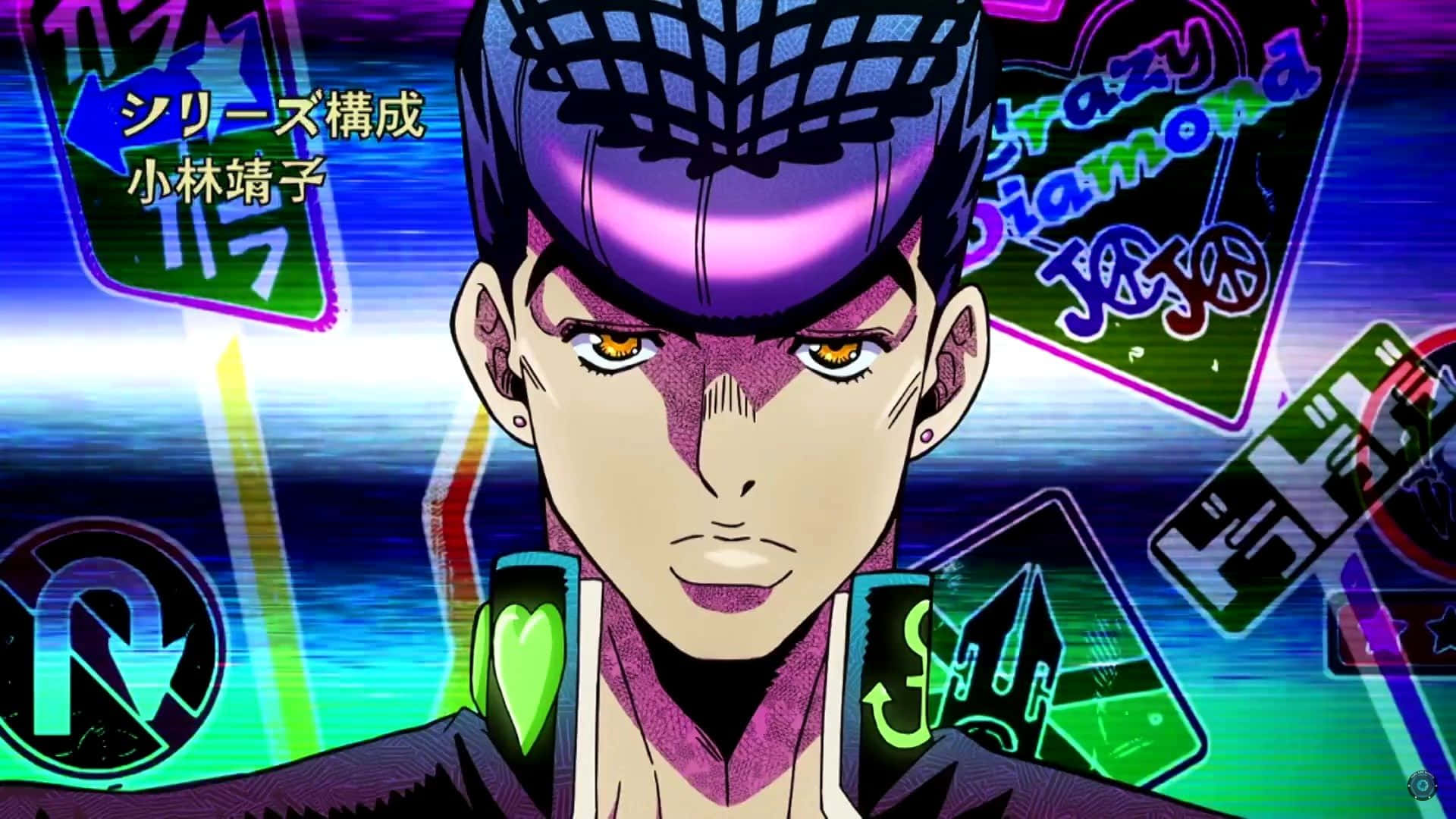 Diamond Is Unbreakable 桌布 壁紙 — 一個風格化的動漫角色，擁有紫色頭髮和發光的眼睛，在充滿漂浮卡片和日語文字的霓虹燈背景下強烈凝視。