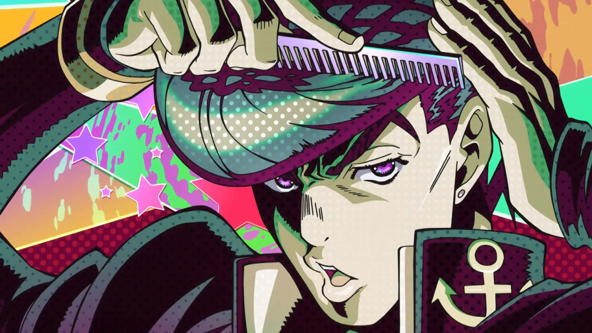 Diamond Is Unbreakable 桌布 壁紙 — 一個風格化的動漫角色，擁有綠色頭髮和紫色眼睛，在充滿活力的普普藝術背景前梳頭。