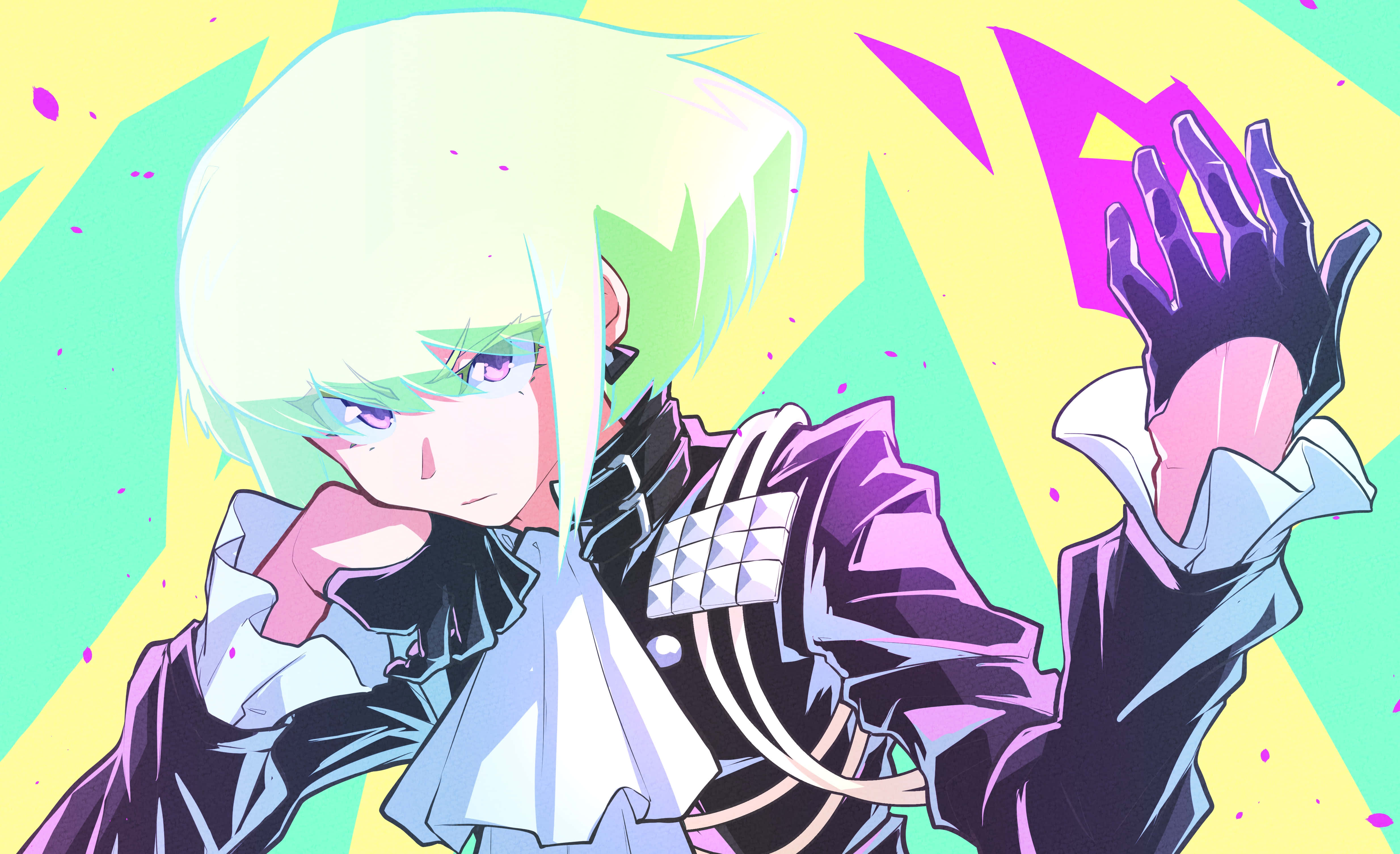 Promare 桌布 壁紙 — 一個風格化的動漫角色，擁有蒼白的頭髮和紫色的眼睛，在充滿活力的幾何背景前擺出動態姿勢。