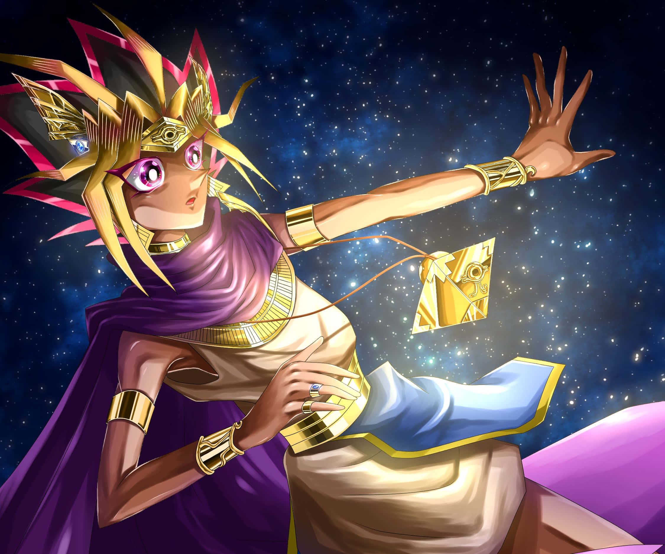 Yami Yugi 桌布 壁紙 — 一個風格化的動漫角色，擁有金色尖刺頭髮和紫色眼睛，在星空宇宙背景下投出一張發光的卡片。