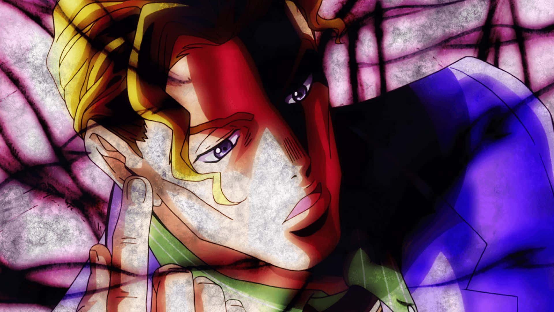 Kira Yoshikage 桌布 壁紙 — 一個風格化的動漫角色，擁有金色頭髮和強烈的紫色眼睛，在破碎的紫色和藍色背景前凝視前方。