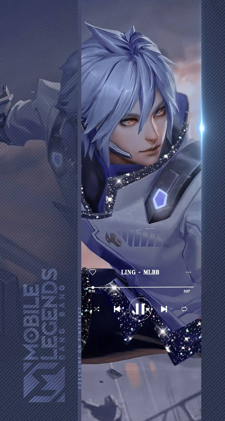 heroes 桌布 壁紙 — 一個風格化的動漫角色，擁有銀色頭髮和未來風格的盔甲，站在發光的宇宙背景前，帶有音樂播放器疊加層。
