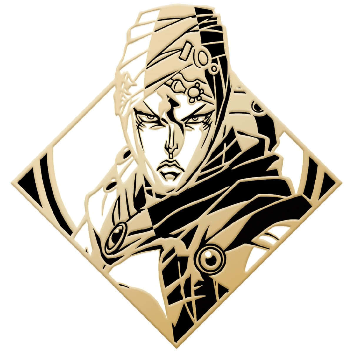 Jojo's Bizarre Adventure Kars 桌布 壁紙 — 一個風格化的動漫角色，擁有銳利的眼睛和華麗的頭飾，以大膽的黑金幾何圖案呈現。