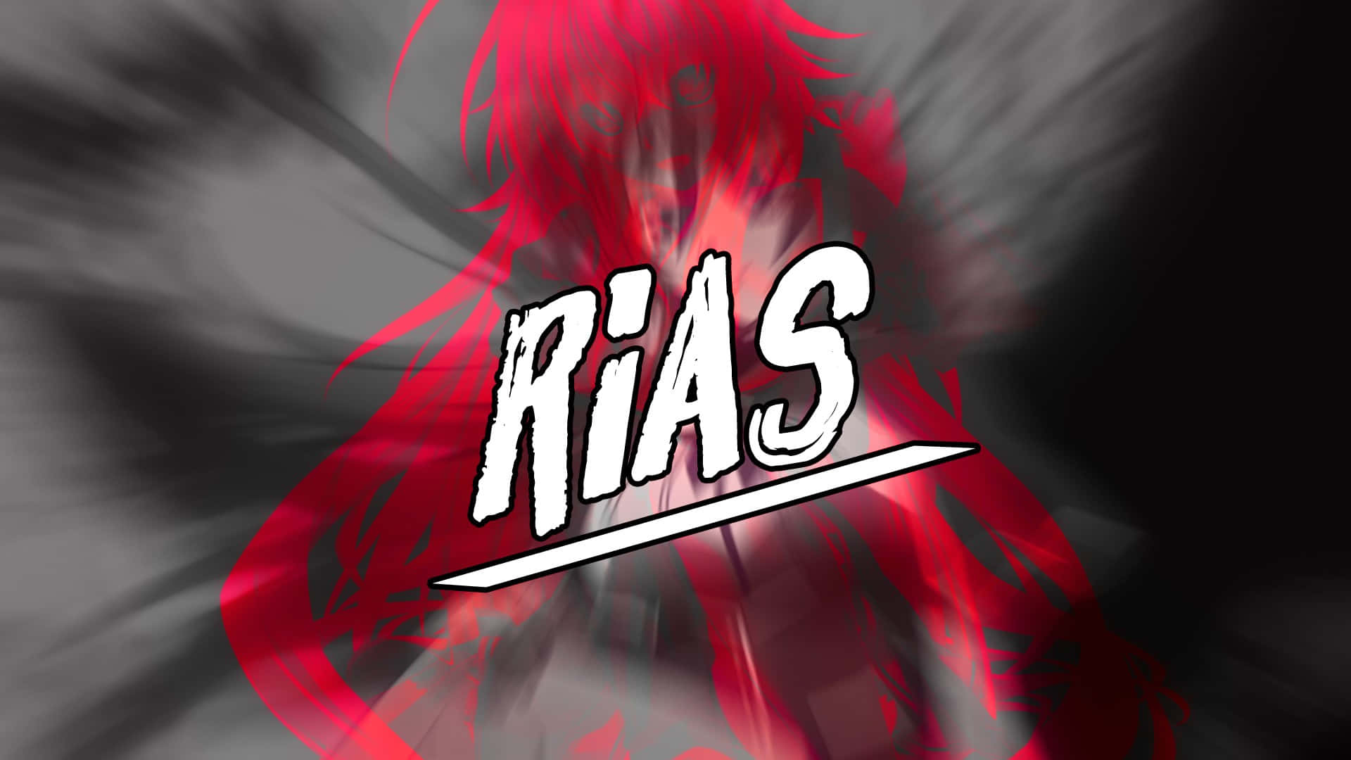 Rias Gremory 桌布 壁紙 — 一個風格化的動漫角色，擁有鮮豔的紅髮和發光的眼睛，從煙霧般的灰色背景中浮現，帶有粗體白色塗鴉風格文字的名稱「RIAS」。