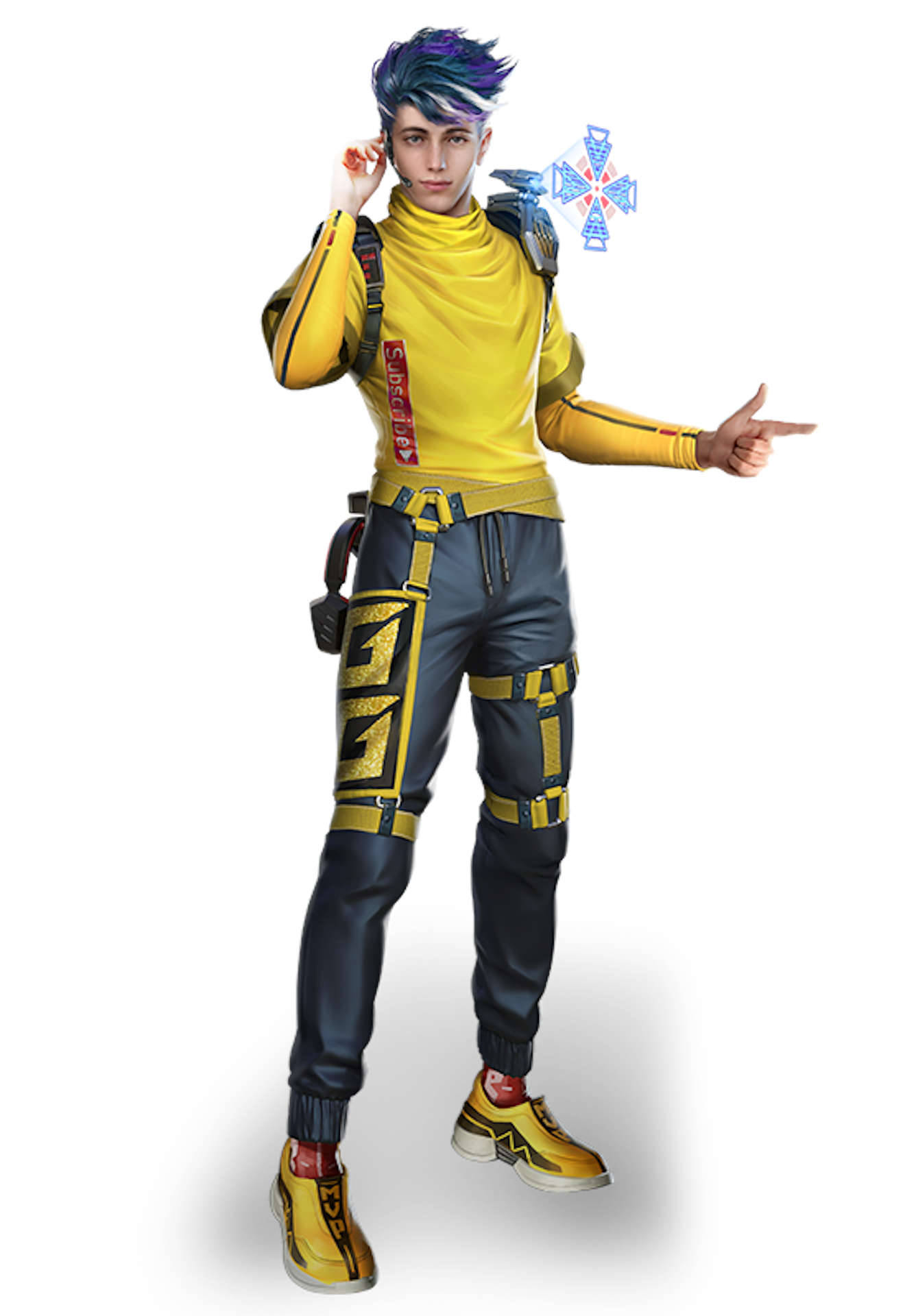 free fire 4K 桌布 壁紙 — 一個風格化的動漫角色，擁有鮮豔的藍色和紫色頭髮，穿著黃色和黑色的服裝，自信地指著。