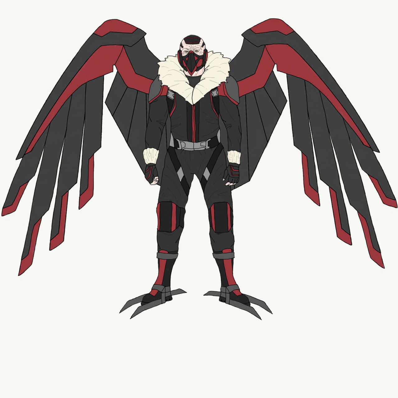 The Vulture 桌布 壁紙 — 一個風格化的動漫角色，擁有黑色和紅色的翅膀，在純色背景前擺好姿勢站立。