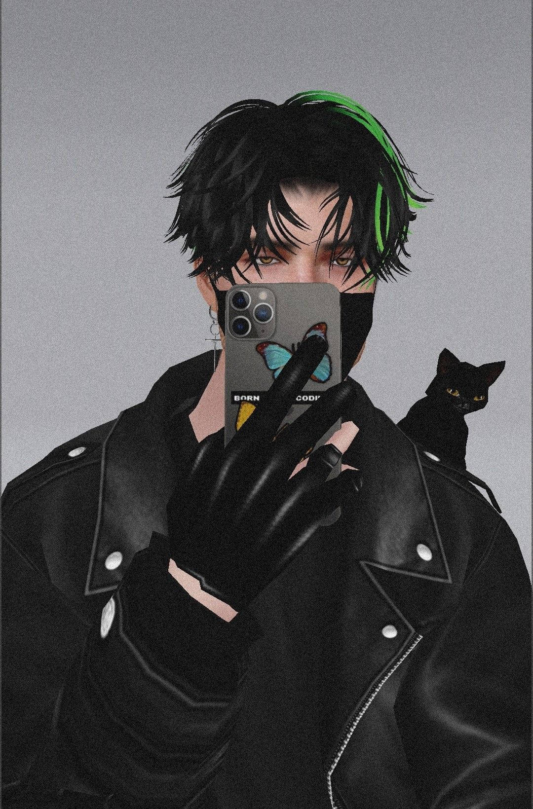 動漫男孩 桌布 壁紙 — 一個風格化的動漫角色，擁有黑色和綠色的頭髮，穿著皮夾克對著鏡子自拍，一隻黑貓棲息在他們的肩膀上。