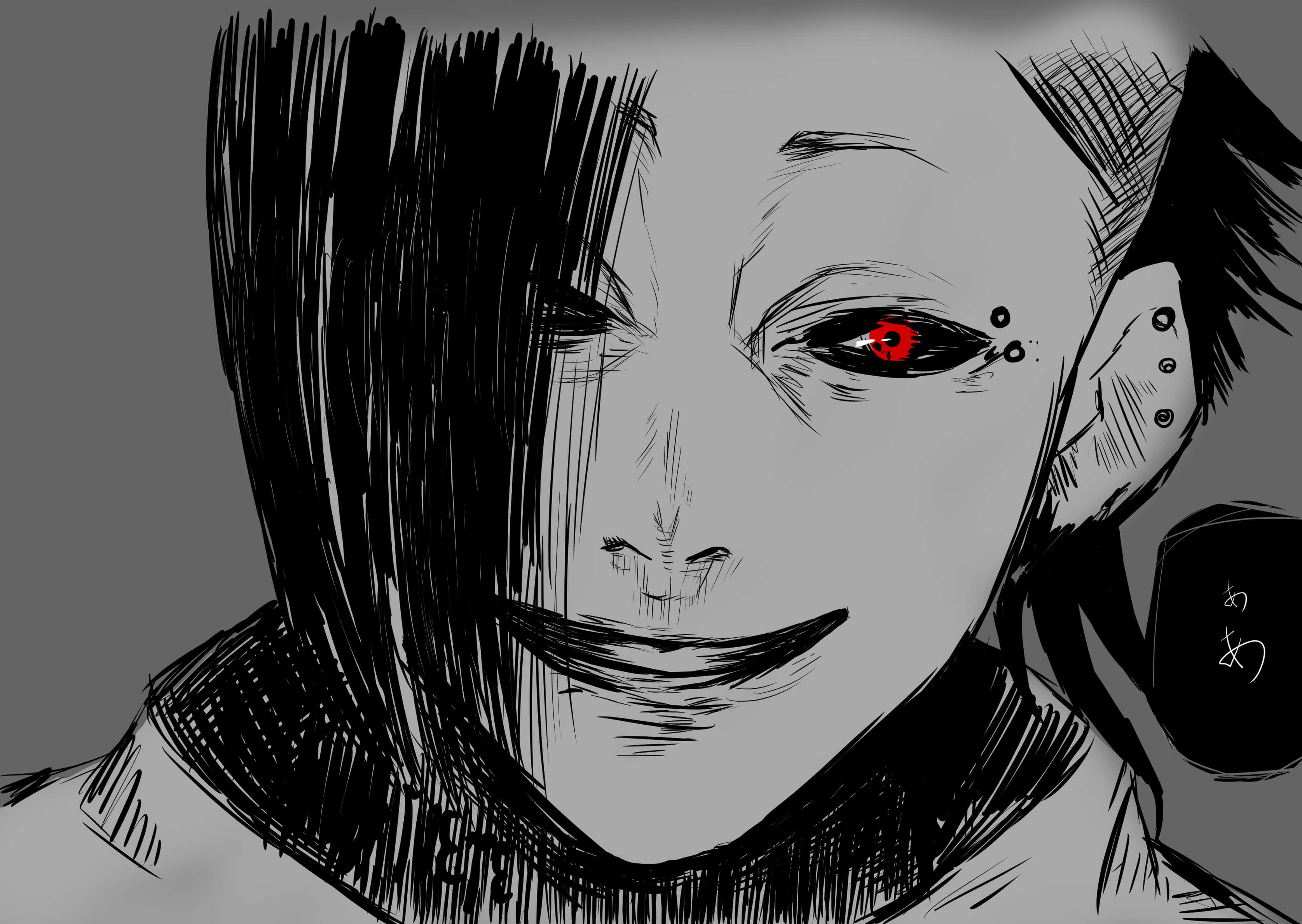 Tokyo Ghoul Uta 桌布 壁紙 — 一個風格化的動漫角色，有一隻發光的紅色眼睛和深色塗鴉般的頭髮，背景為灰色。