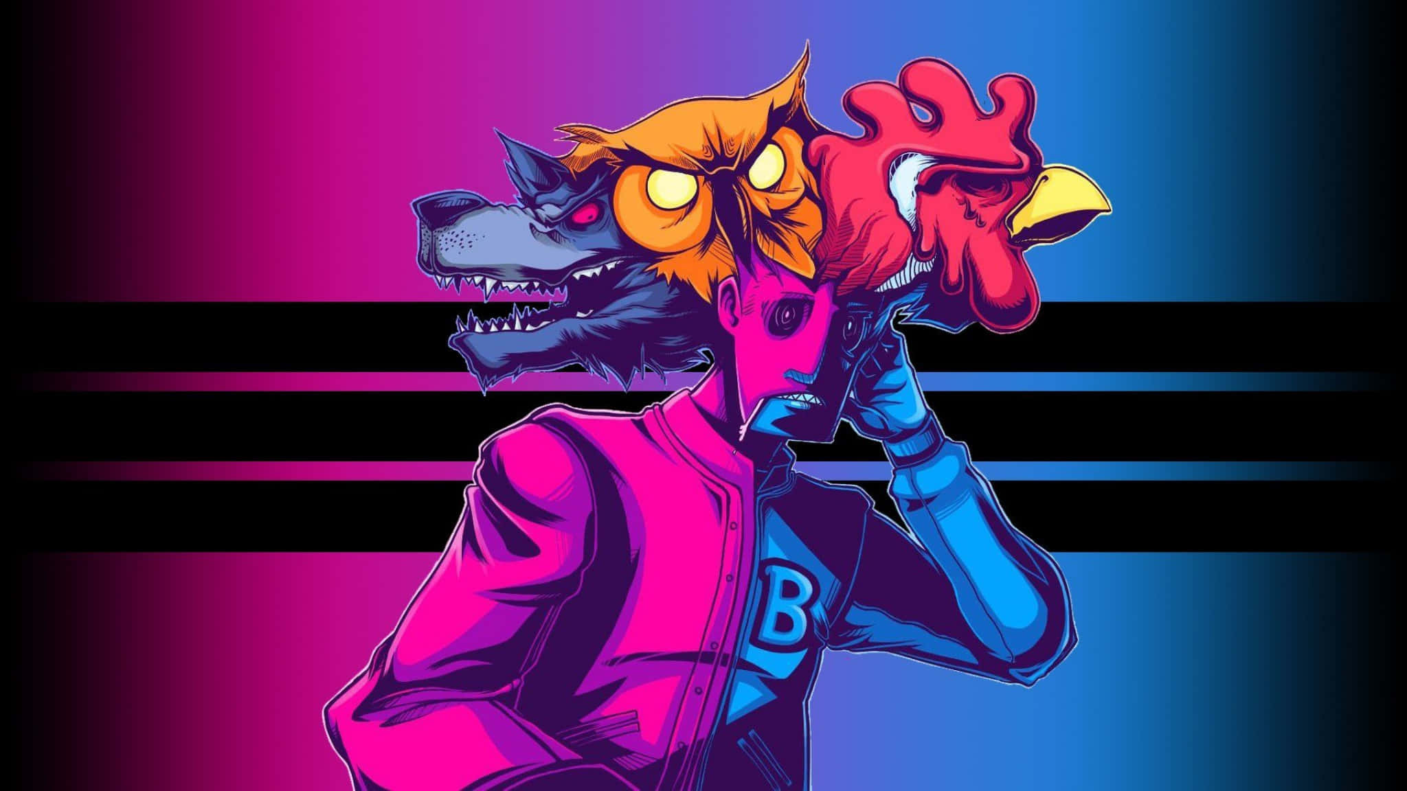 Hotline Miami 桌布 壁紙 — 一個風格化的動漫角色，有三個動物頭顱：狼、狐狸和公雞，穿著粉紅色外套，背景是充滿活力的洋紅色和藍色漸變。