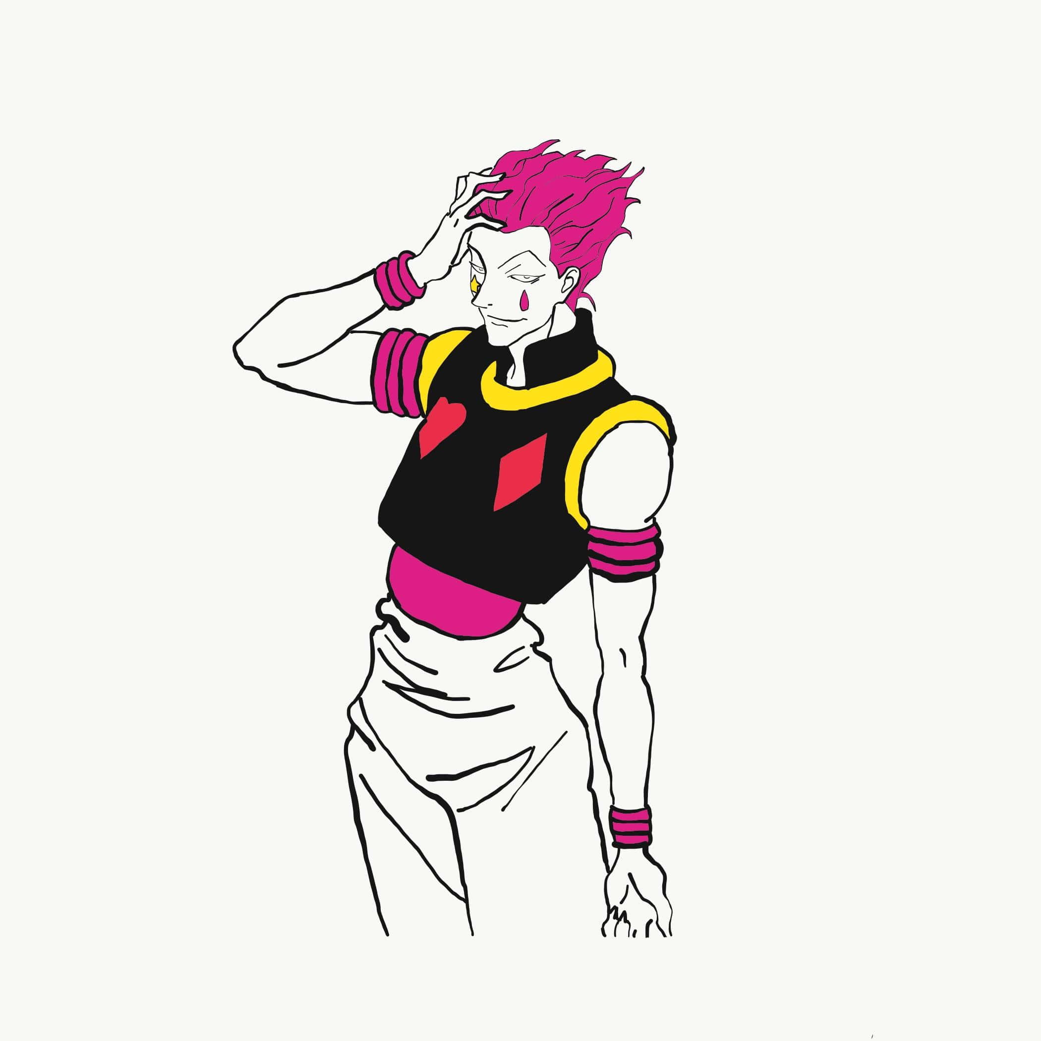 hisoka 桌布 壁紙 — 一個風格化的動漫角色，有尖刺的粉紅色頭髮和一滴眼淚，穿著黑色無袖上衣，帶有紅色鑽石和心形符號，粉紅色腕帶和白色褲子。