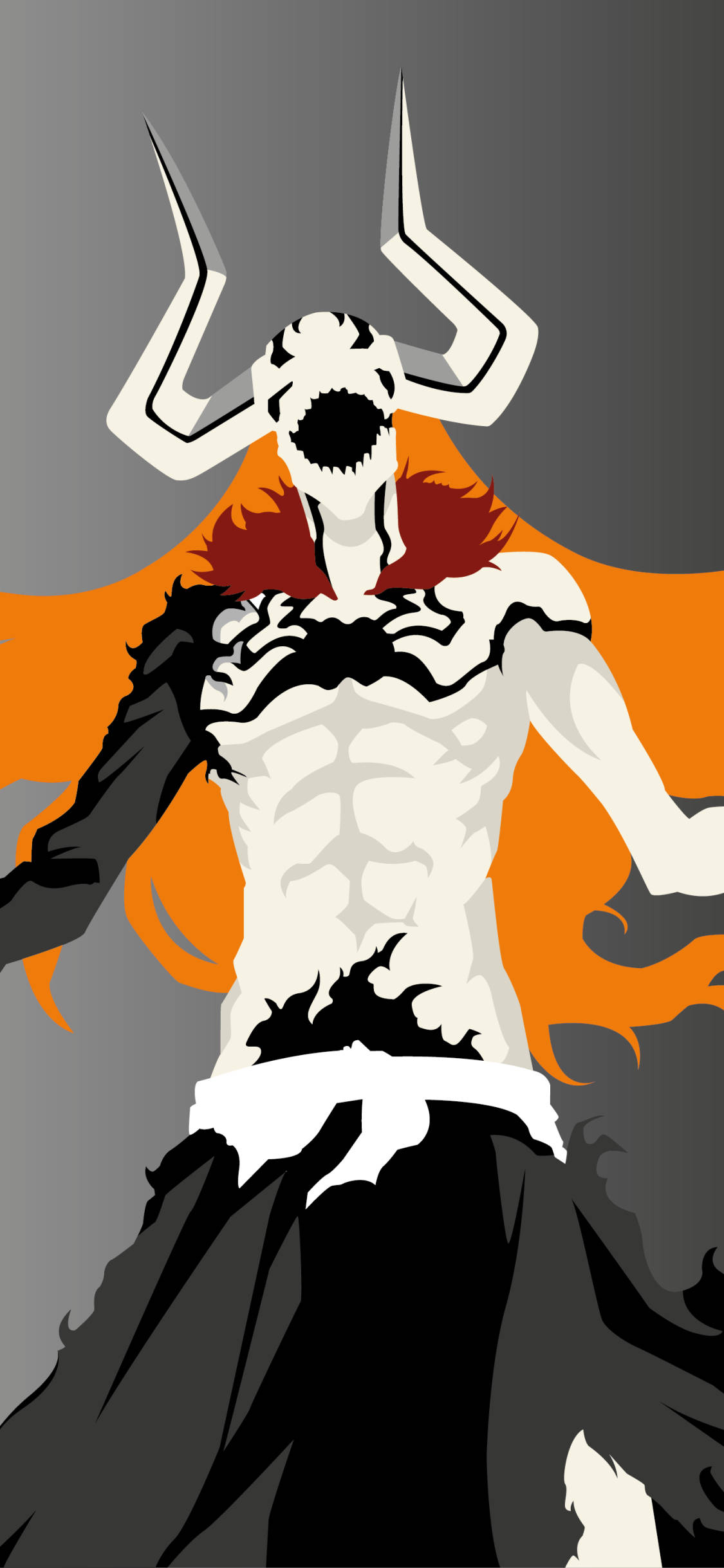 Bleach iPhone 桌布 壁紙 — 一個風格化的動漫角色，有白色角和黑色標記，站在帶有火熱橙色點綴的灰色背景前。