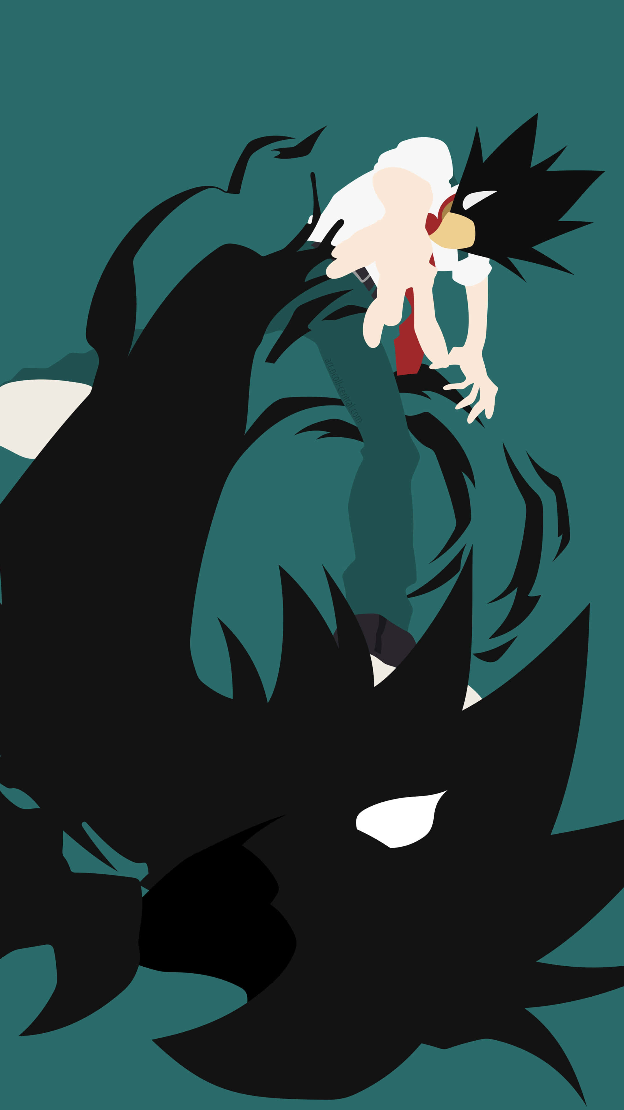 Fumikage Tokoyami 桌布 壁紙 — 一個風格化的動漫角色，有著刺蝟般的黑髮和紅色領帶，緊貼著一個深色陰影人物，背景是青綠色。
