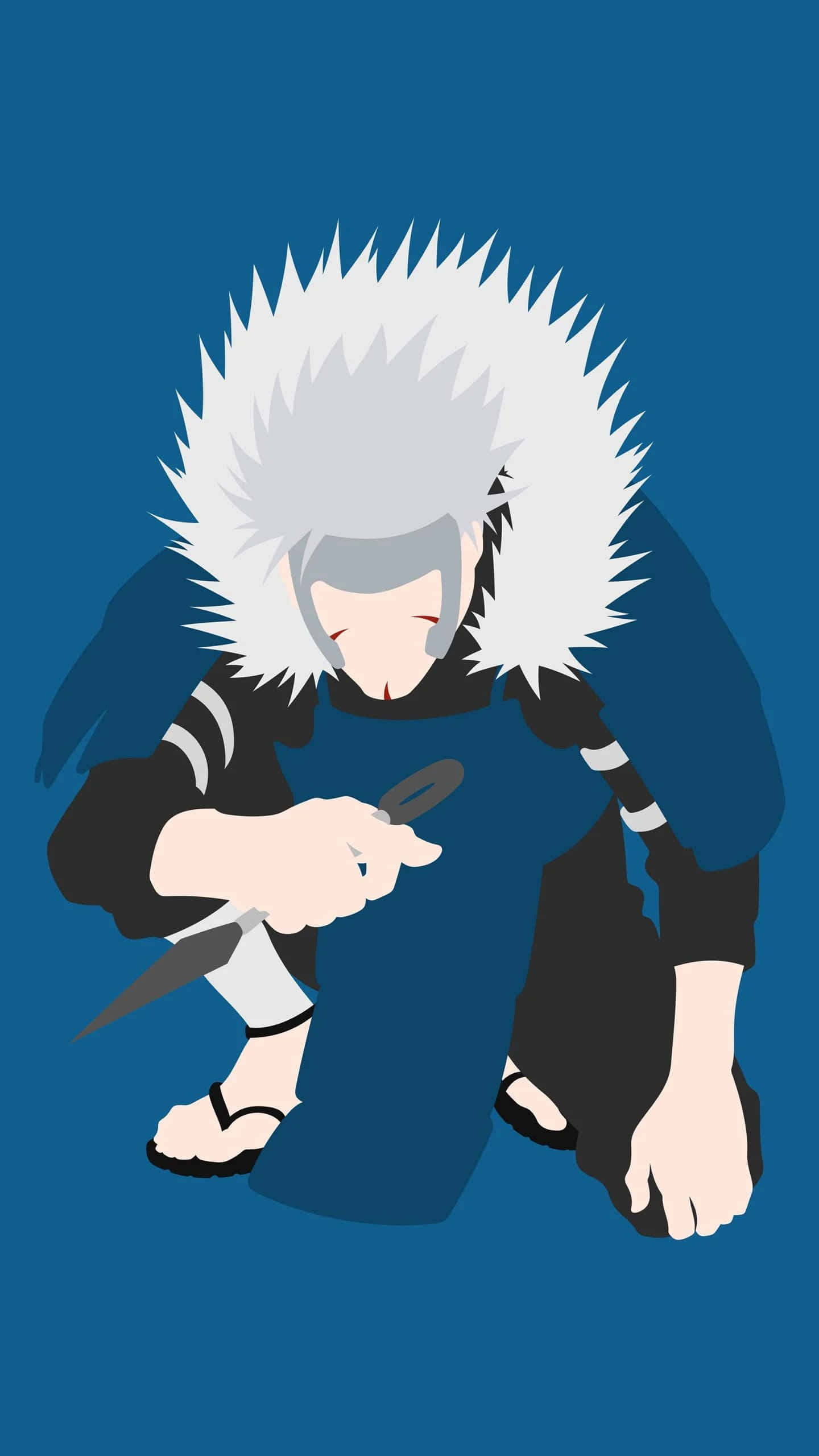tobirama senju 桌布 壁紙 — 一個風格化的動漫角色，有著尖刺的白髮，蹲著並握著一把苦無刀，背景是純藍色。