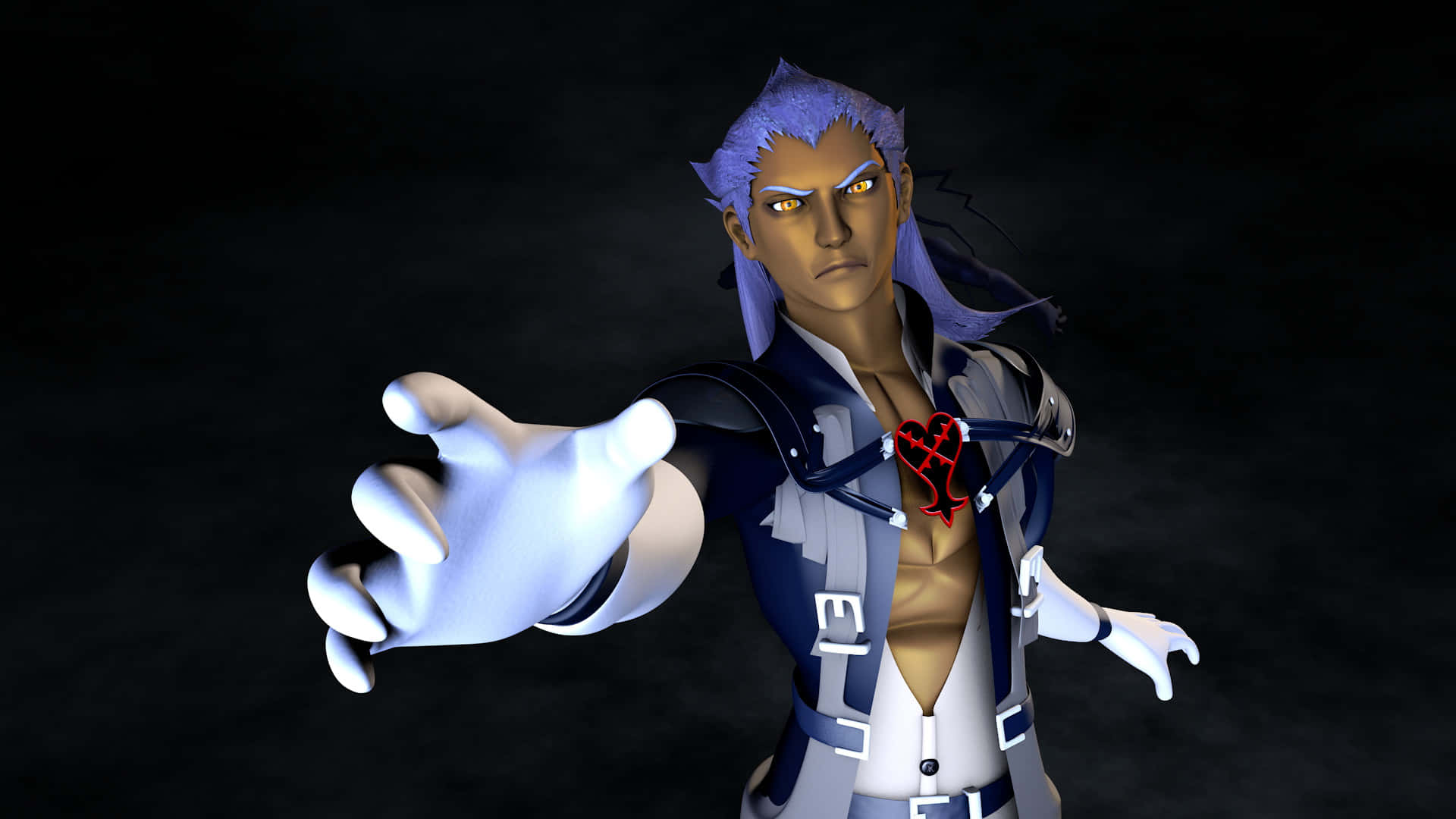 Ansem Seeker Of Darkness 桌布 壁紙 — 一個風格化的動漫角色，有著尖刺的藍色頭髮和發光的黃色眼睛，在黑暗背景前伸出手。