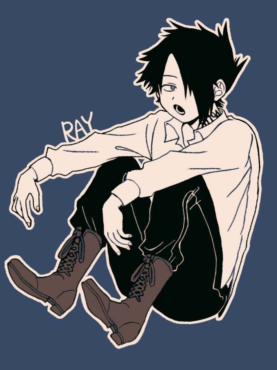 The Promised Neverland Ray 桌布 壁紙 — 一個風格化的動漫角色，有著尖刺的黑髮，盤腿坐在純藍色背景前，穿著白色襯衫和棕色靴子。