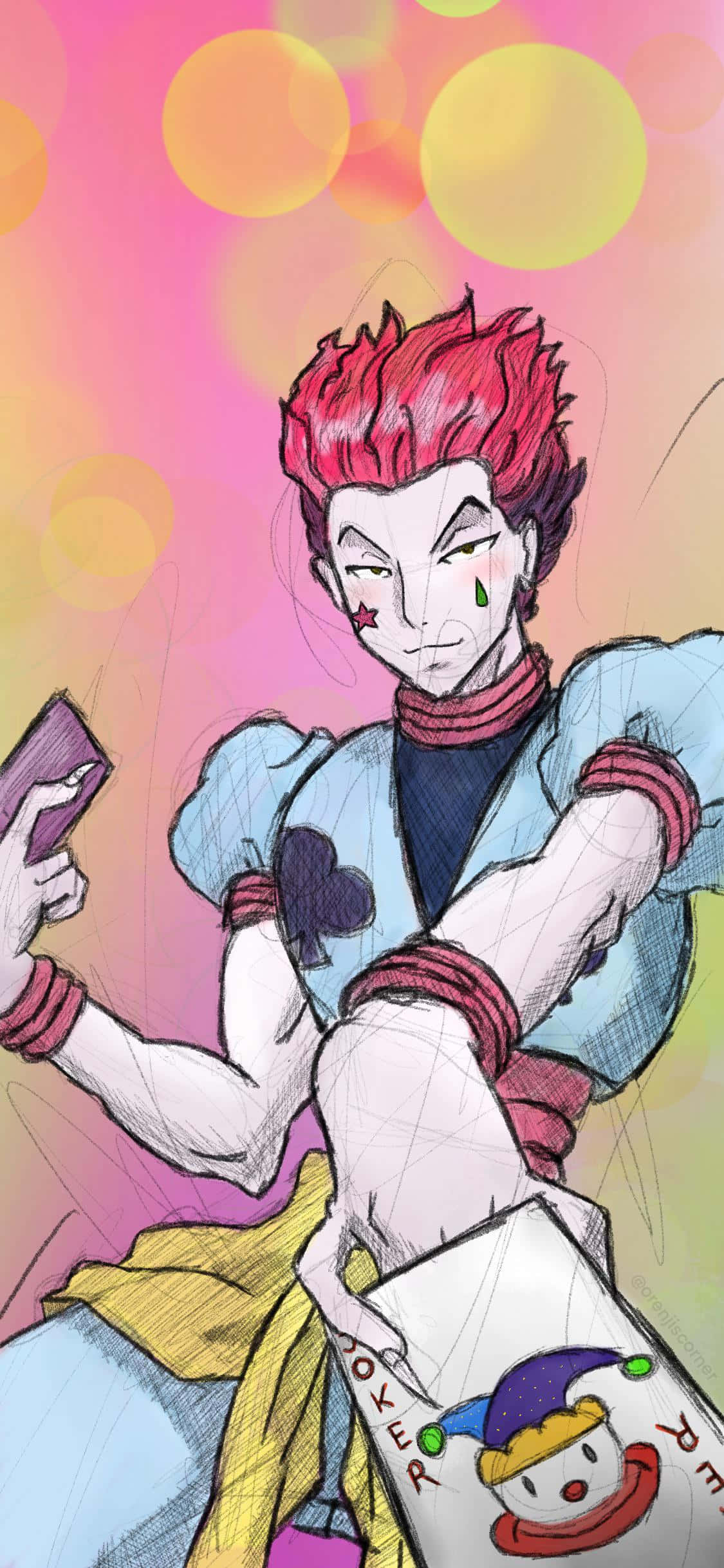 Hisoka Morow 桌布 壁紙 — 一個風格化的動漫角色，有著尖刺的紅髮和頑皮的笑容，在充滿活力的散景背景下拿著手機和一個小丑設計的袋子。