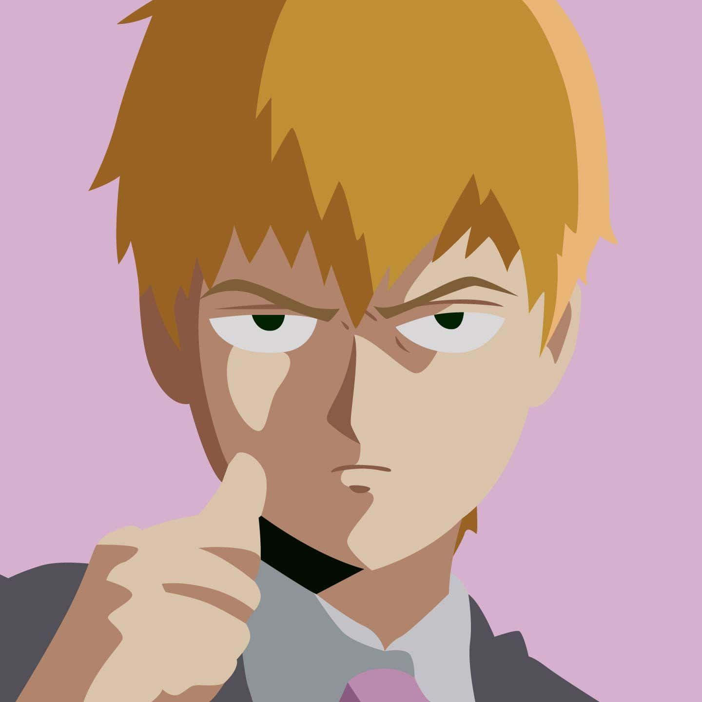 Arataka Reigen 桌布 壁紙 — 一個風格化的動漫角色，有著尖刺的金色頭髮和嚴肅的表情，在柔和的粉紅色背景前向前指著手指。