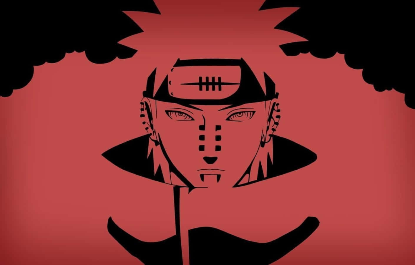 Akatsuki Ninja 桌布 壁紙 — 一個風格化的動漫角色，有著尖刺頭髮和頭帶，站在帶有黑色雲朵的純紅色背景前。