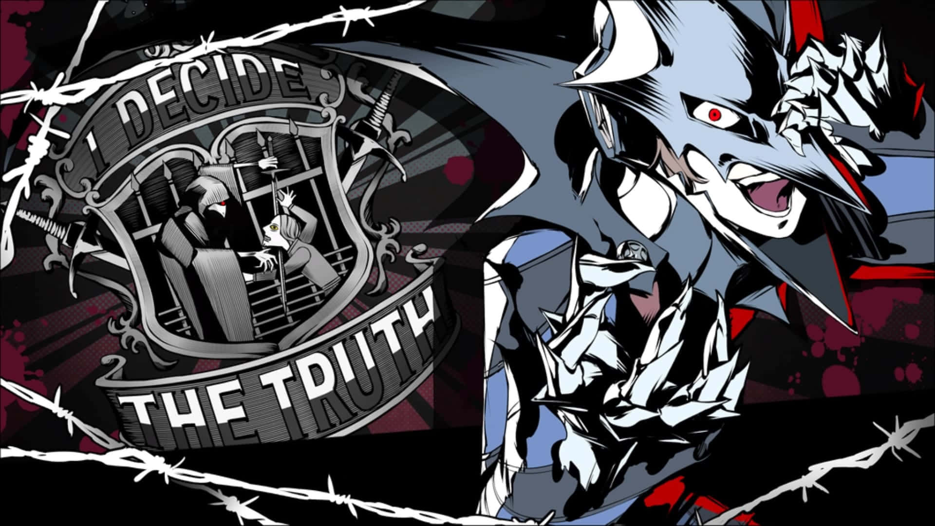 Persona 5 Strikers 桌布 壁紙 — 一個風格化的動漫角色，有著紅色眼睛和鋸齒狀盔甲，在帶有陰鬱標誌'DECIDE THE TRUTH'的鐵絲網圍欄後面咆哮。