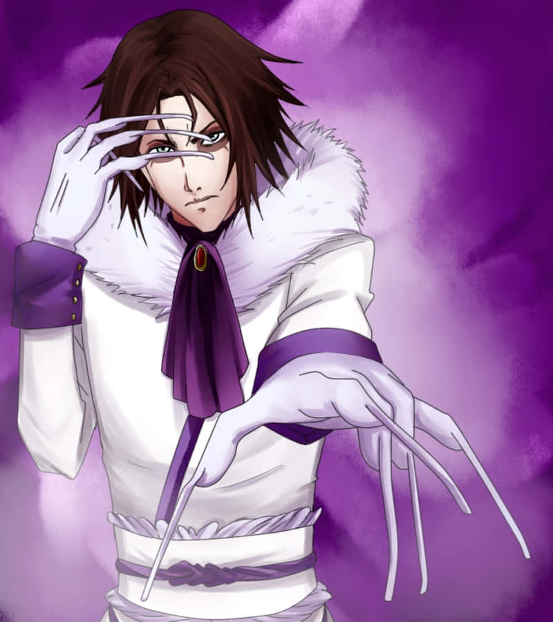 Bleach Muramasa 桌布 壁紙 — 一個風格化的動漫角色，棕色頭髮，戴著白色手套，在紫色煙霧背景前擺姿勢，伸出爪狀手指。