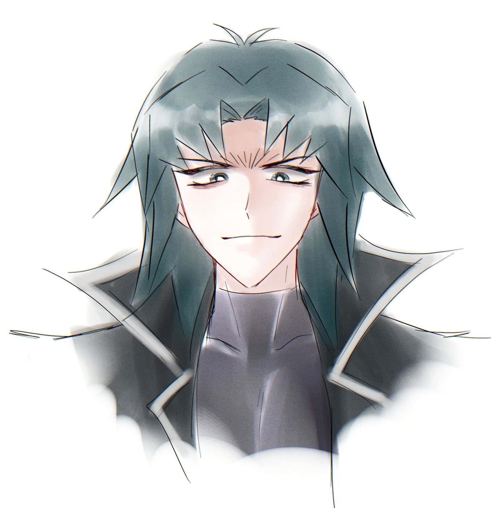 Zane Truesdale 桌布 壁紙 — 一個風格化的動漫角色，深色頭髮，表情嚴肅，穿著黑色外套，背景為白色。