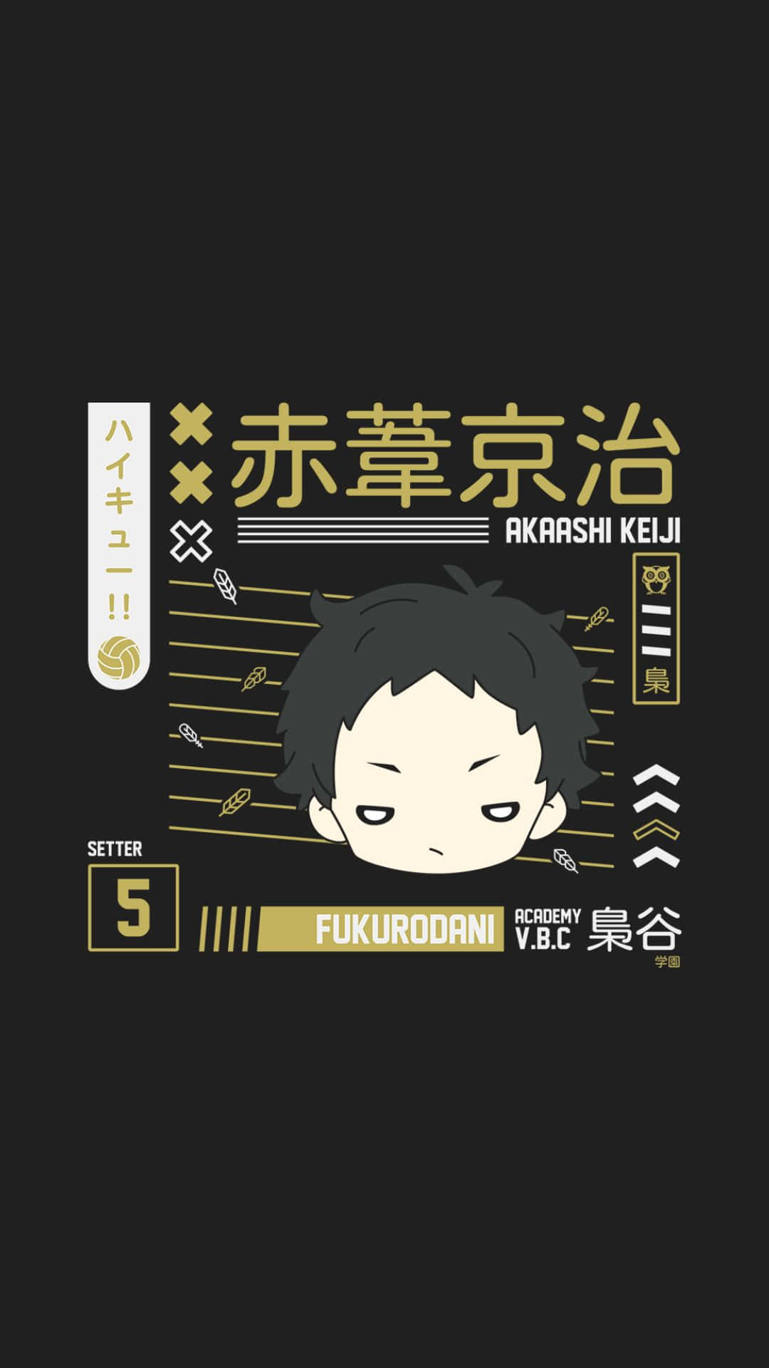 Keiji Akaashi 桌布 壁紙 — 一個風格化的動漫角色，深色頭髮，表情堅定，被排球主題的文字和圖形環繞在黑色背景上。