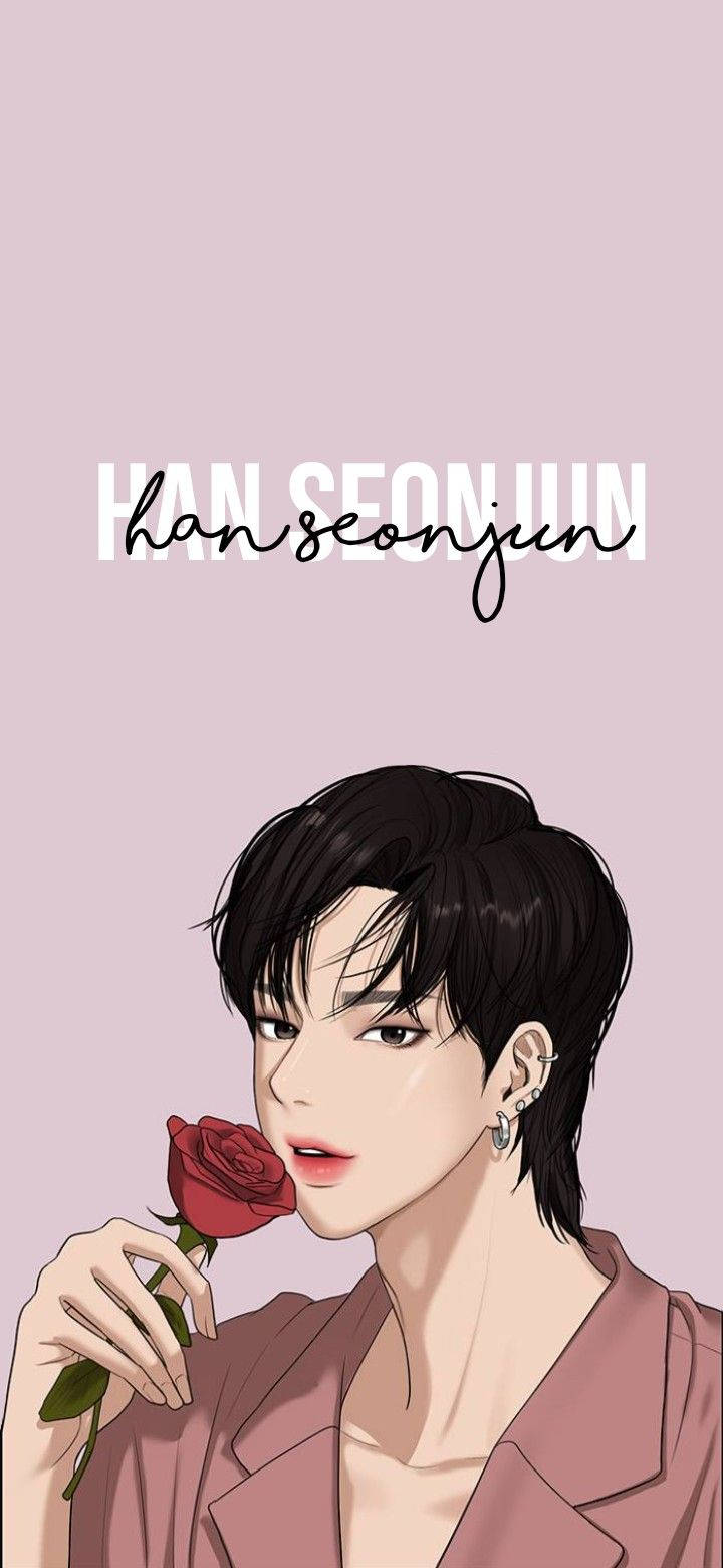 Han Seon Jun True Beauty 壁紙 — 一個風格化的動漫角色，深色頭髮，在柔和的粉紅色背景上拿著一朵紅玫瑰，他的名字寫在上面。