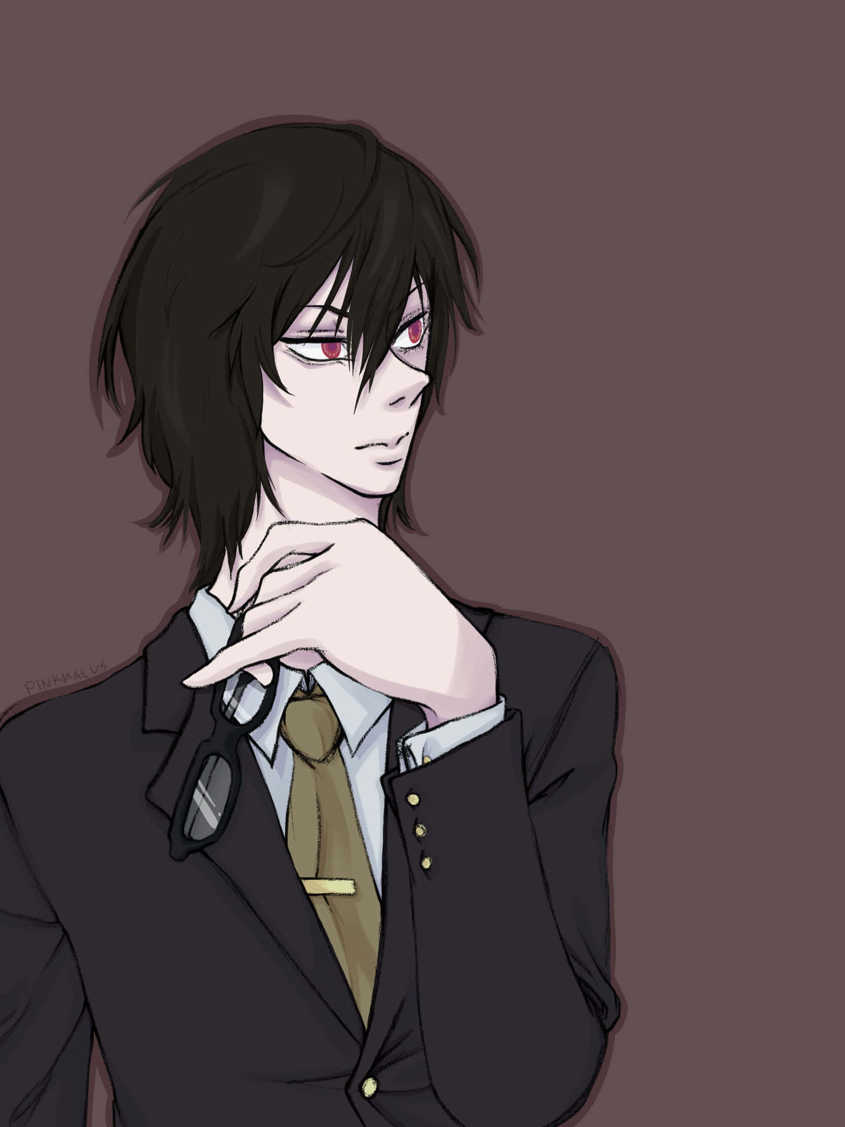 Teru Mikami 桌布 壁紙 — 一個風格化的動漫角色，深色頭髮和紅色眼睛，穿著西裝和領帶，手托下巴，背景是柔和的棕色。