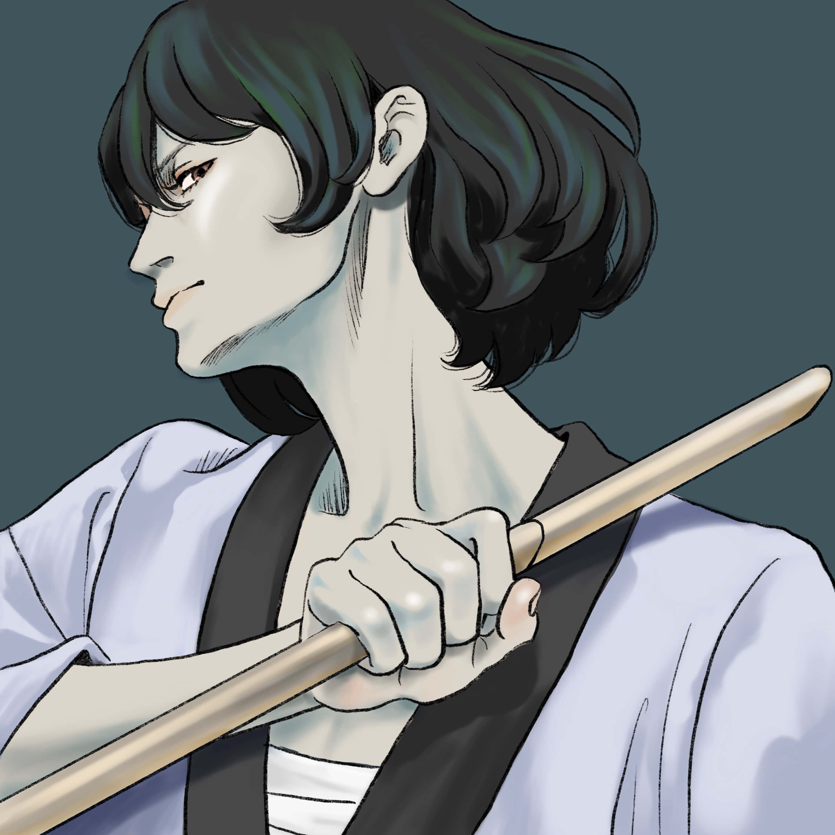 Goemon Ishikawa Xiii 桌布 壁紙 — 一個風格化的動漫角色，深色頭髮和紅色眼睛，在柔和的青綠色背景上握著鼓棒。