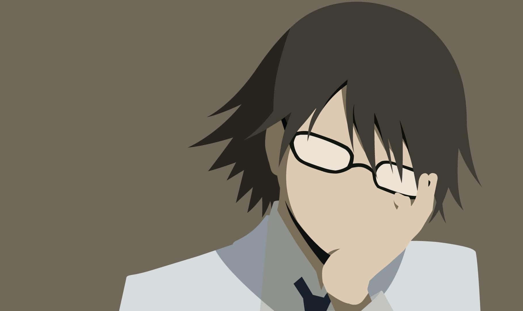 Shinra Kishitani 桌布 壁紙 — 一個風格化的動漫角色，深色頭髮戴眼鏡，在柔和的棕色背景前用手托著下巴。