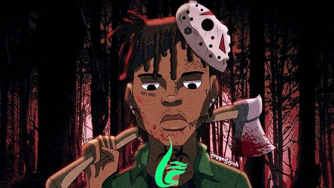 Juice WRLD 桌布 壁紙 — 一個風格化的動漫角色，留著辮子頭，戴著曲棍球面具，在暗紅色的森林中握著一把血淋淋的斧頭。