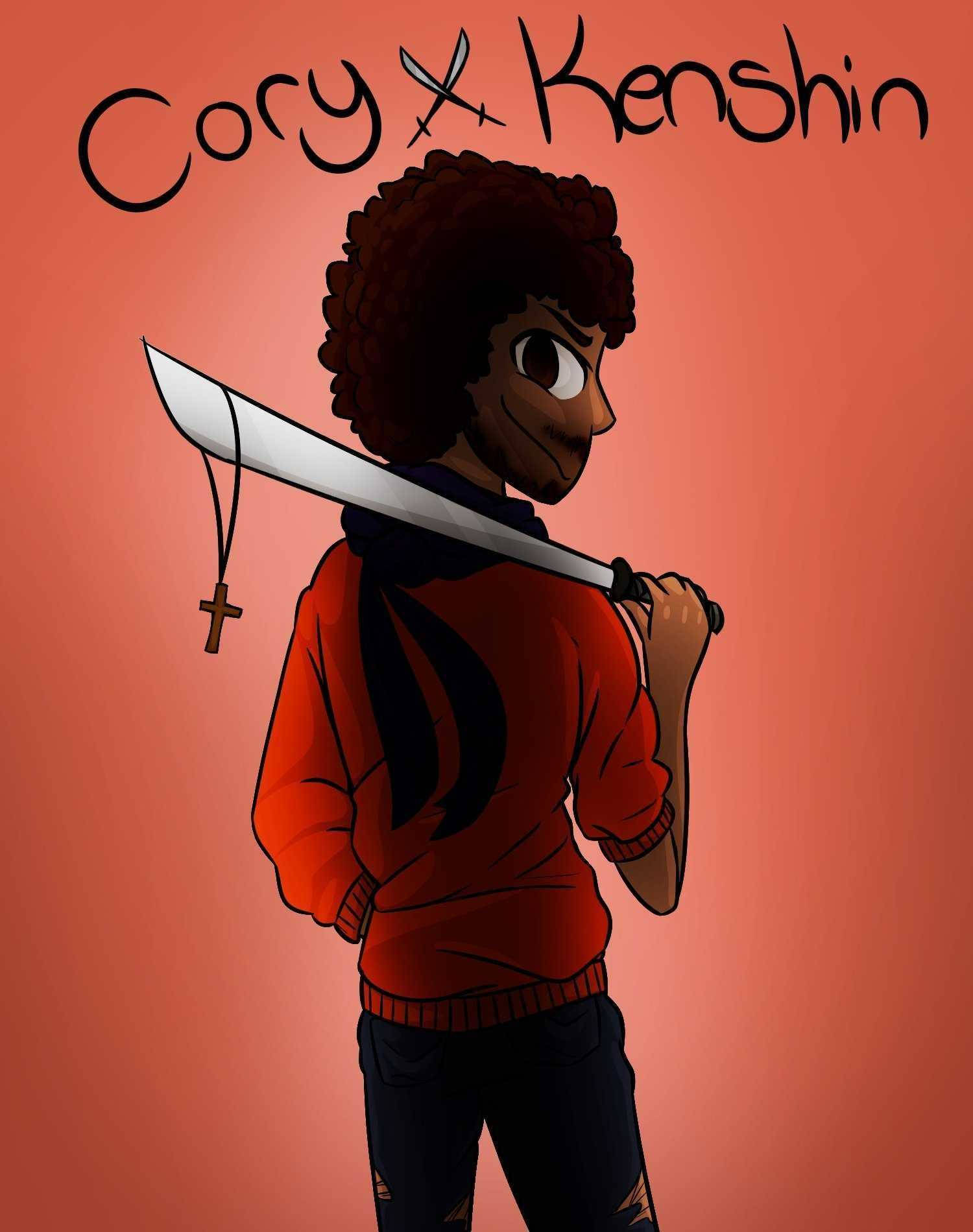 Coryxkenshin 桌布 壁紙 — 一個風格化的動漫角色，留著非洲式髮型，穿著紅色連帽衫，在純橙色背景上將劍扛在肩上。