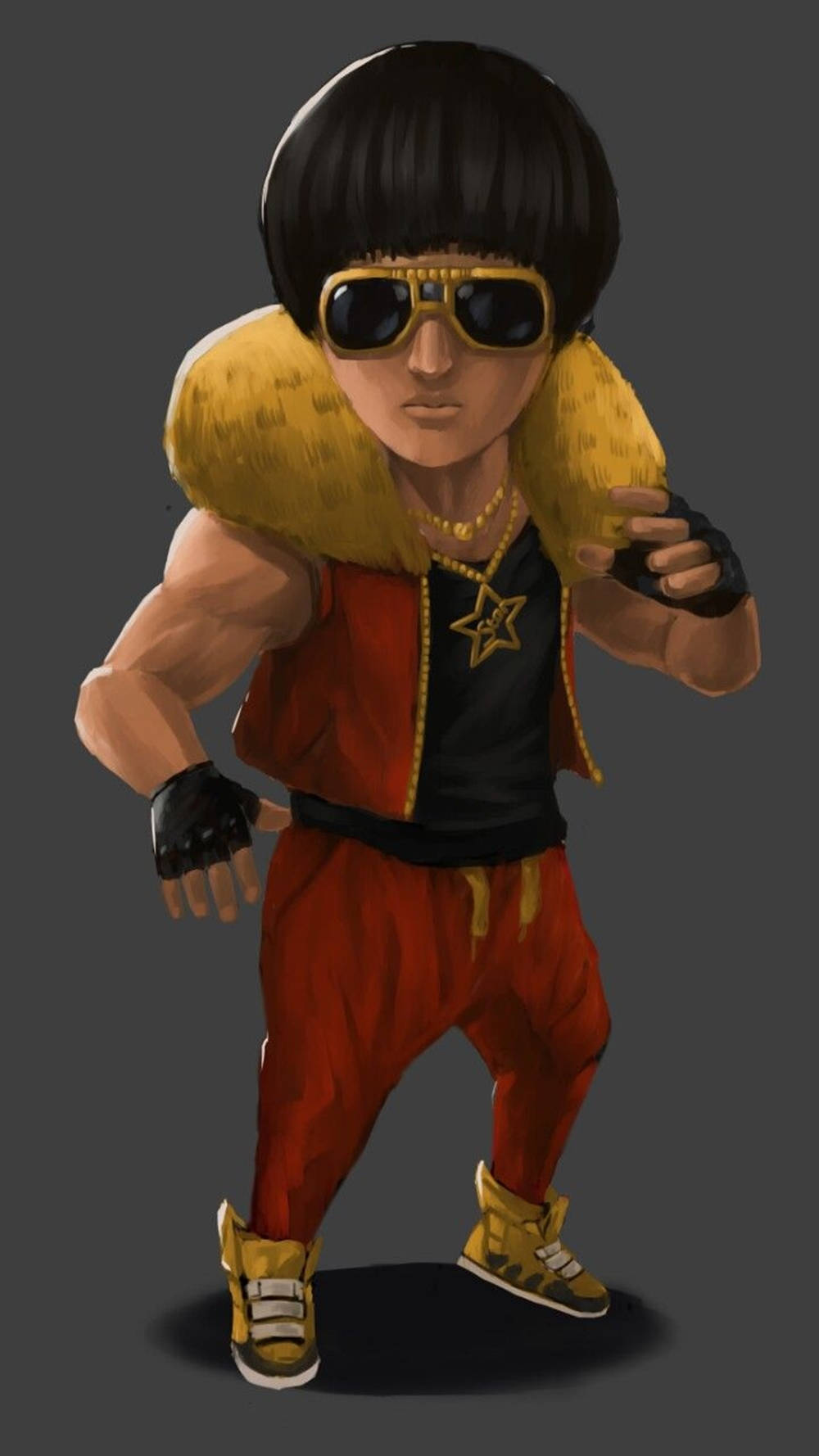 Mobile Legends 桌布 壁紙 — 一個風格化的動漫角色，留著黑色鮑伯頭，戴著金色太陽眼鏡，穿著紅色服裝搭配黃色毛領，擺出自信的姿勢。