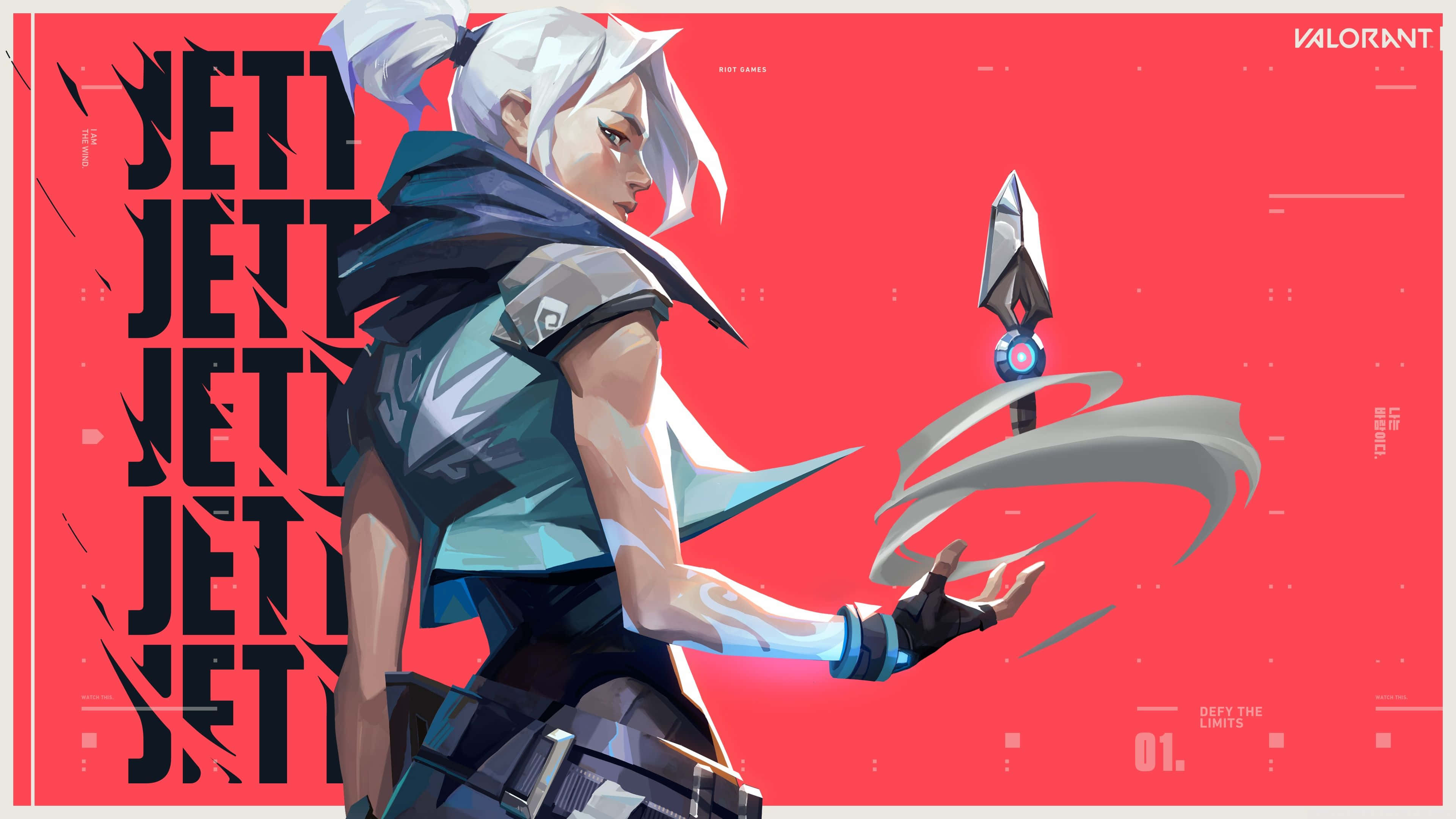 Battle Through Game Worlds with the Valorant Shooter 壁紙 — 一個風格化的動漫角色，白色頭髮，在重複的「JETT」文字的醒目紅色背景上揮舞著發光的匕首。