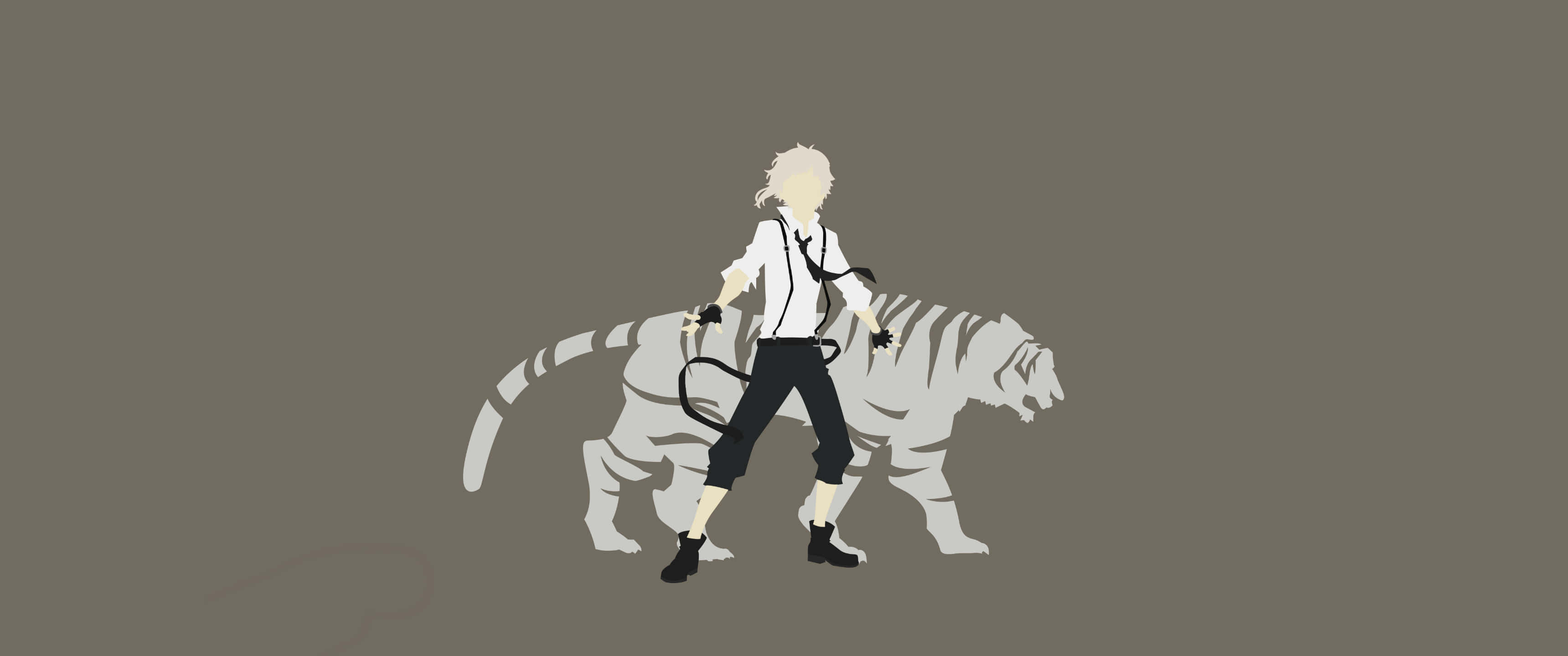 3440x1440 Minimal Wallpaper 壁紙 — 一個風格化的動漫角色，白髮，在柔和的灰色背景旁，與一隻白虎剪影並行。