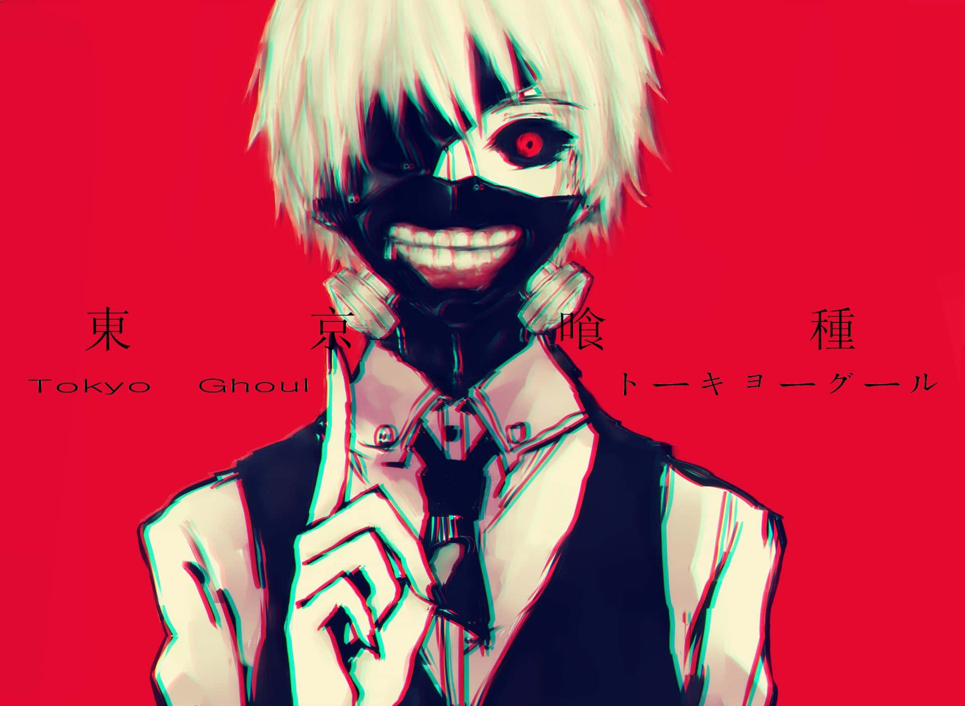 Kaneki's Mask 桌布 壁紙 — 一個風格化的動漫角色，白髮、戴黑色面具，在鮮紅背景上咧嘴笑。
