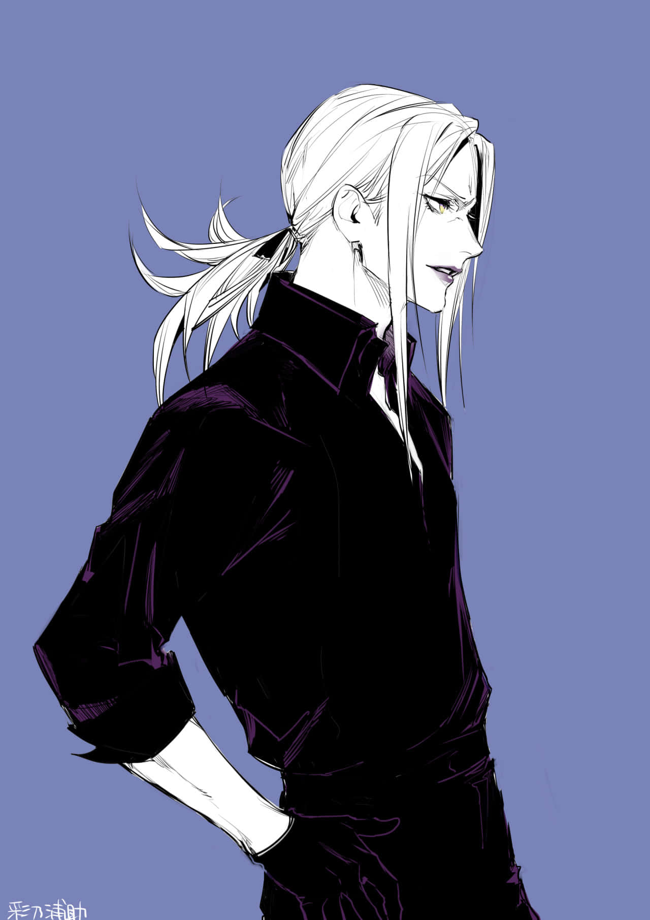 Leone Abbacchio 桌布 壁紙 — 一個風格化的動漫角色，白髮、深色衣服，側面站立在純藍色背景前。