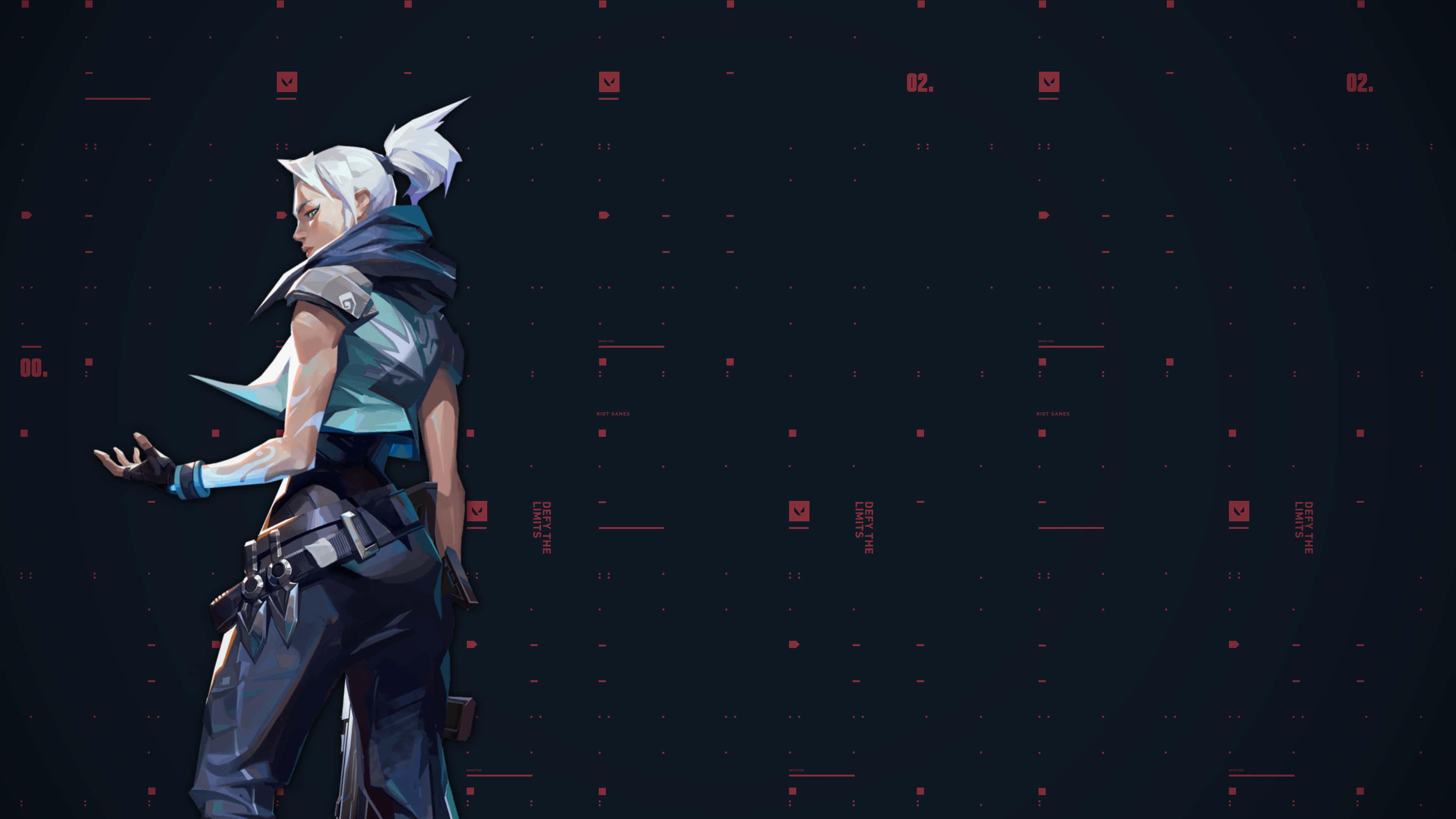 Prepare for intense online gaming with Valorant 壁紙 — 一個風格化的動漫角色，白髮和未來裝備，站在帶有紅色界面元素的深色數字網格背景前。