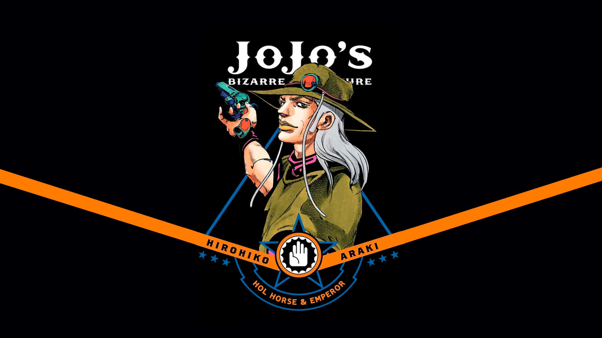 Hol Horse 桌布 壁紙 — 一個風格化的動漫角色，白髮戴帽，在帶有橙色和藍色幾何線條的黑色背景上瞄準手槍。