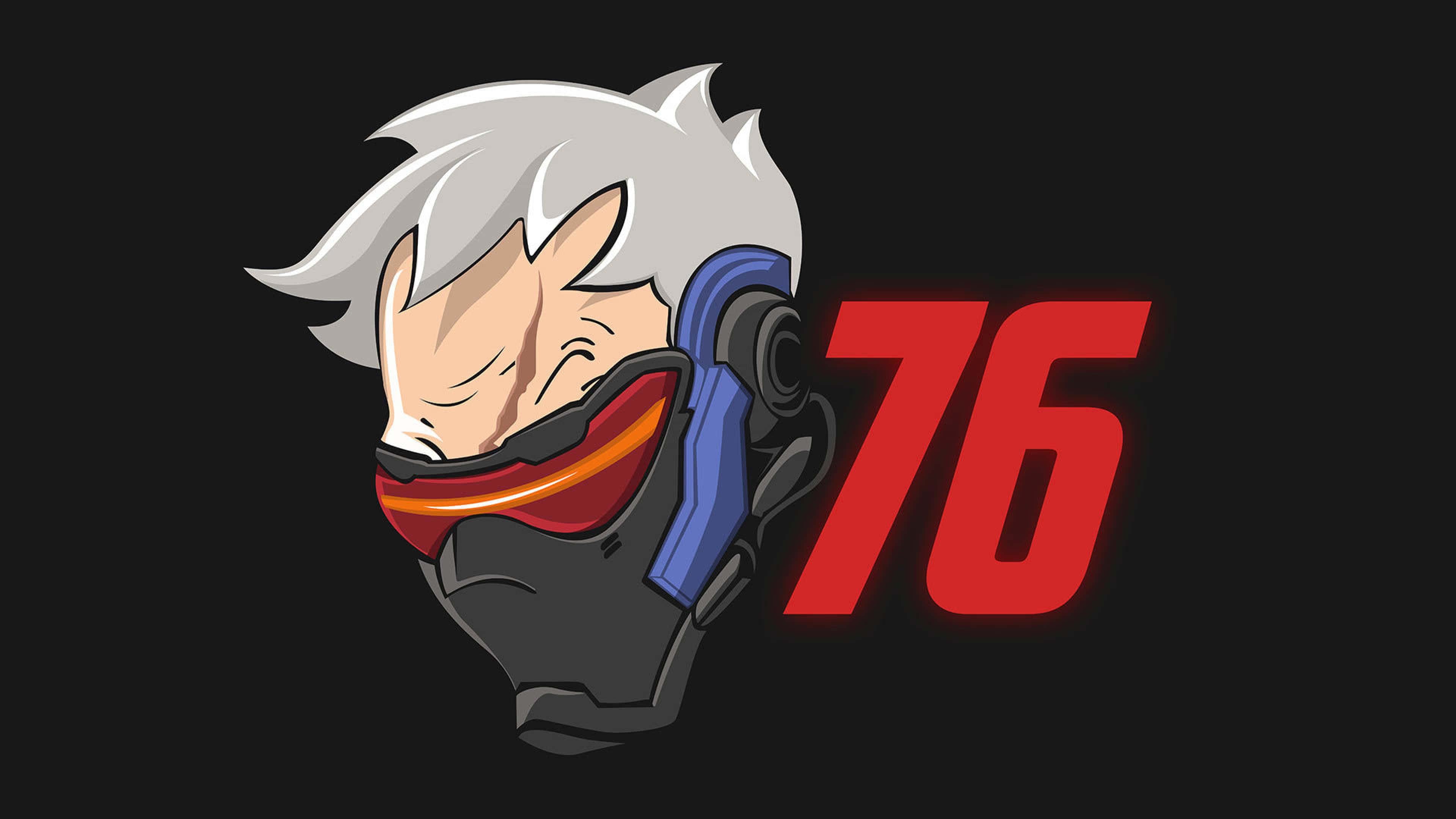Soldier 76 桌布 壁紙 — 一個風格化的動漫角色，白髮紅護目鏡，在黑色背景上發光的紅色數字76旁邊微笑。