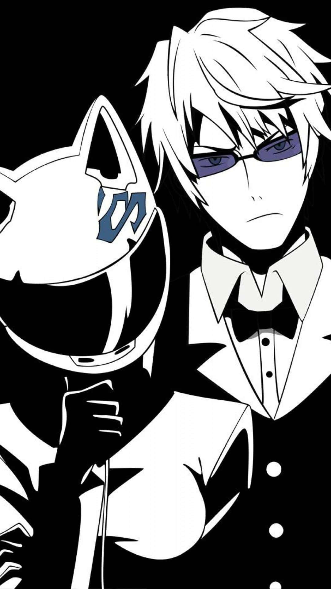 durarara 桌布 壁紙 — 一個風格化的動漫角色，白髮紫眼，在純黑背景上拿著貓耳頭盔。
